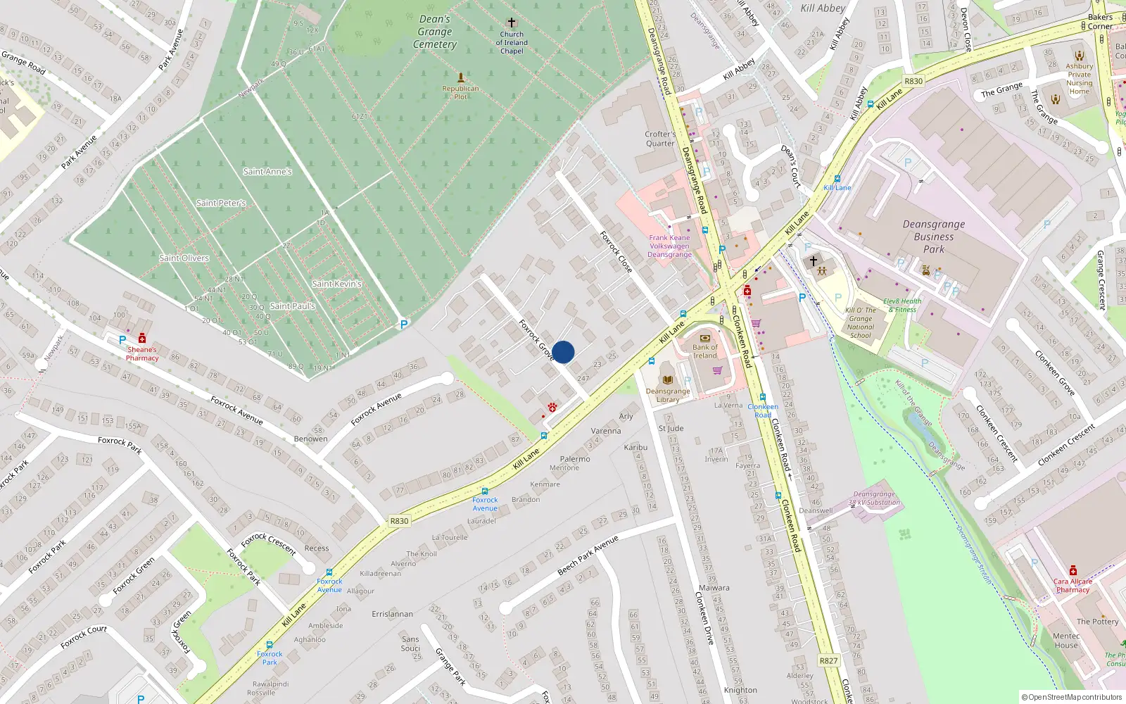 Overhead map showing the location of 130 Foxrock Grove, Dublin 18