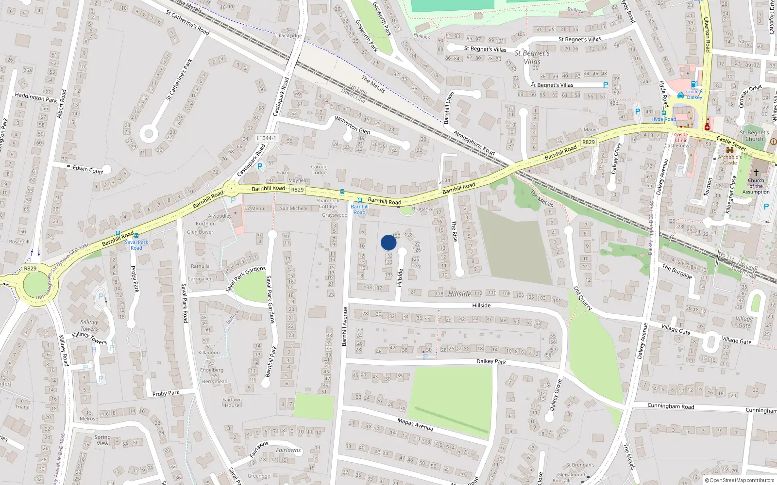 Overhead map showing the location of 130 Hillside, Dalkey, Dublin