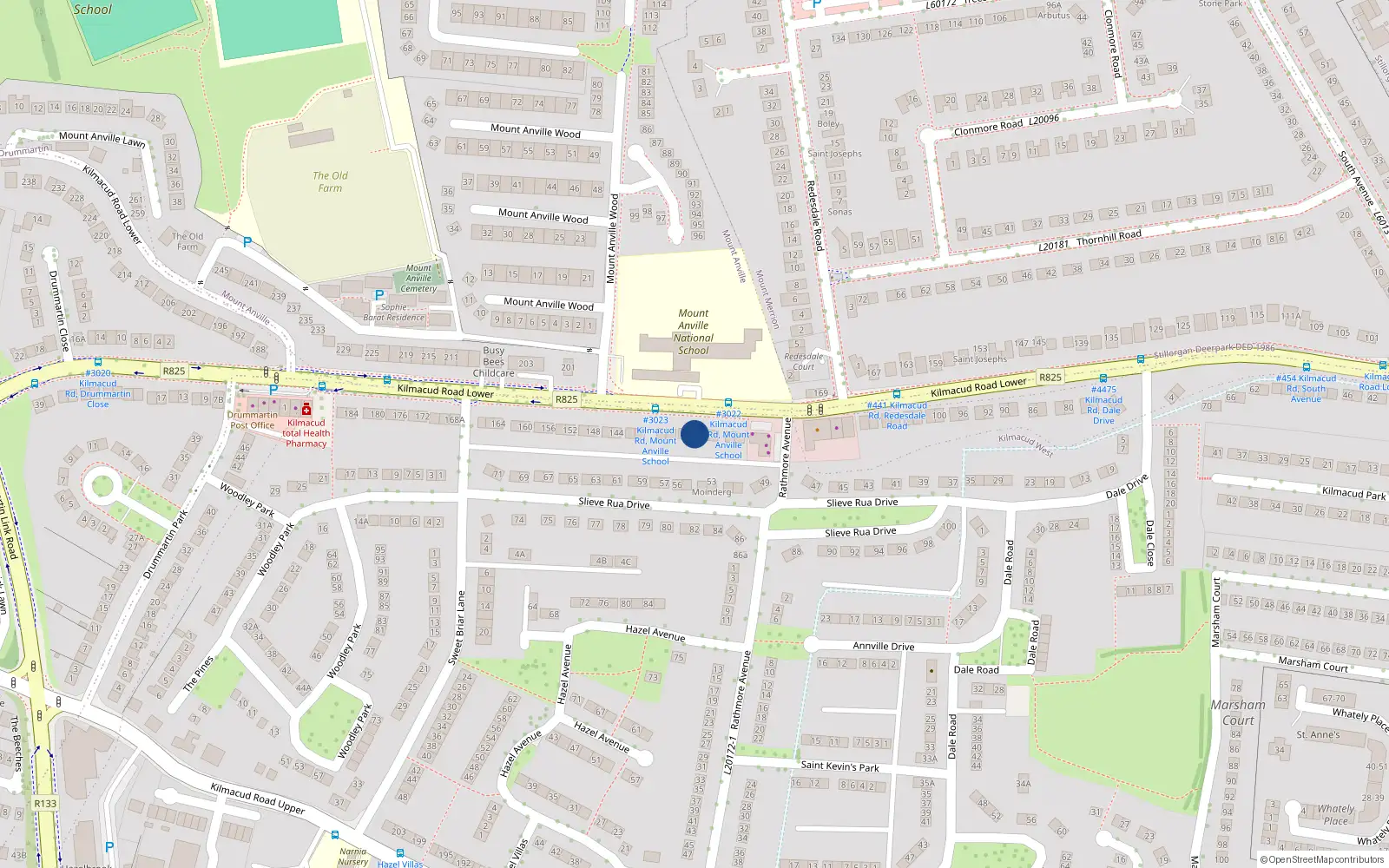 Overhead map showing the location of 130 Lower Kilmacud Road, Dublin