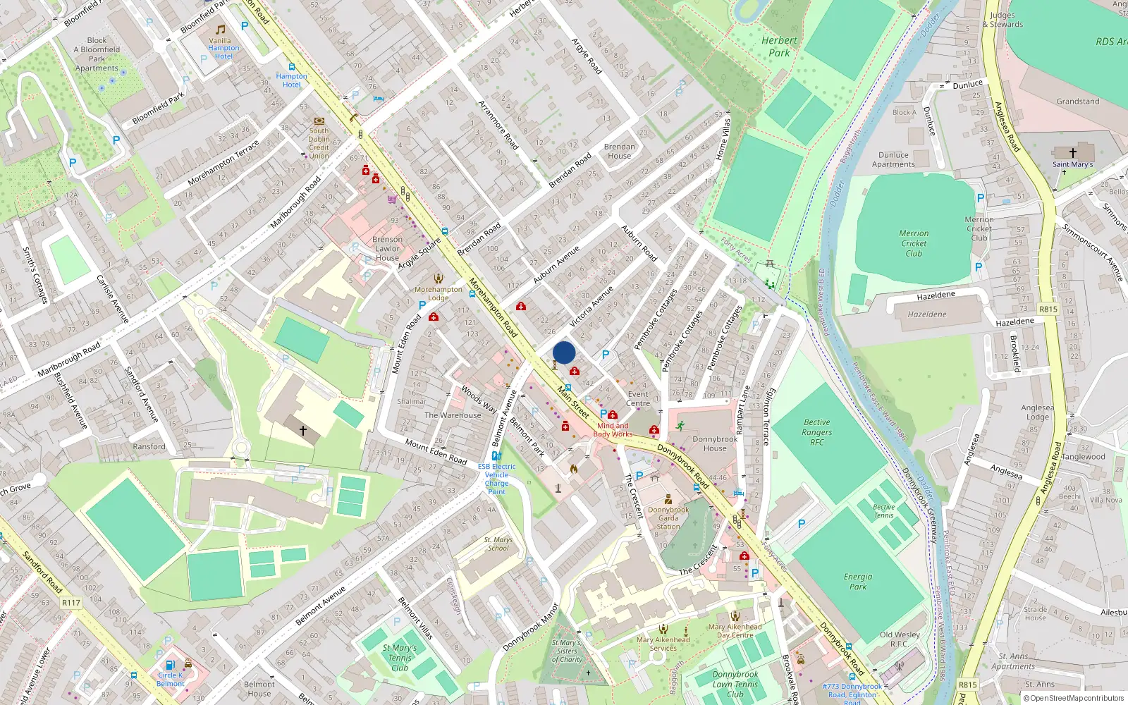 Overhead map showing the location of 130 Morehampton Road, Dublin 4