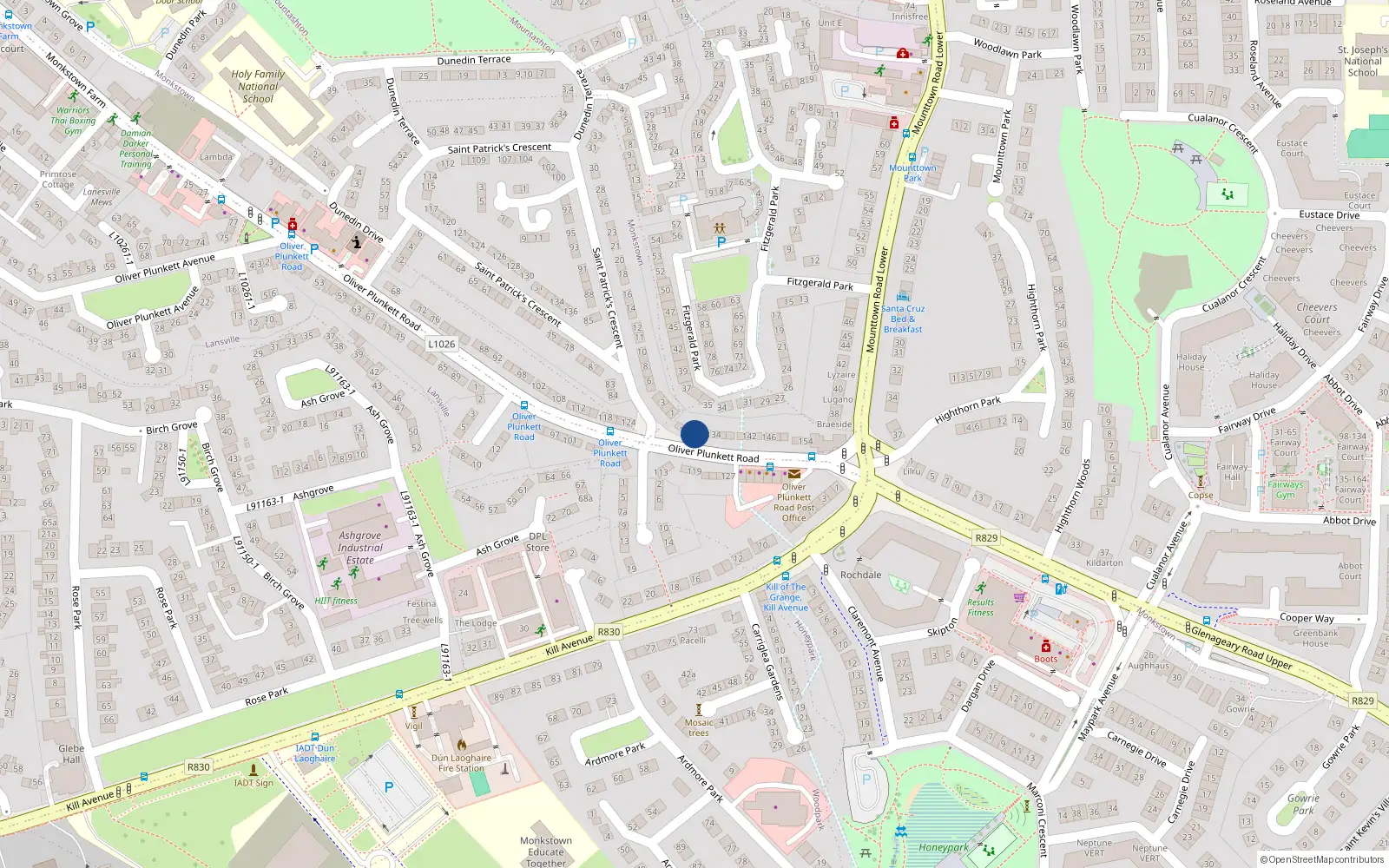 Overhead map showing the location of 130 Oliver Plunkett Road, Monkstown Farm, Dun Laoighre