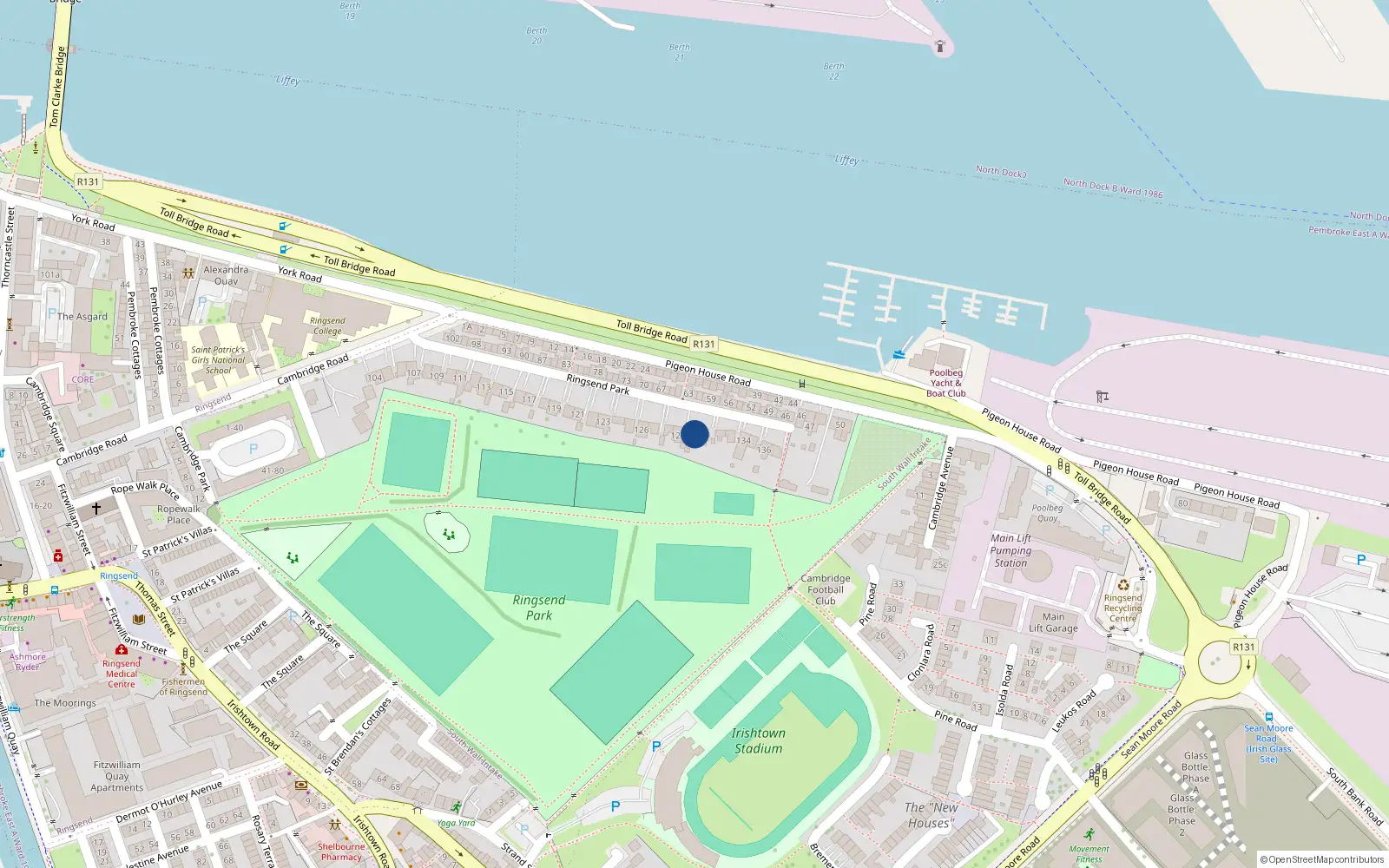 Overhead map showing the location of 130 Ringsend Park, Dublin 4