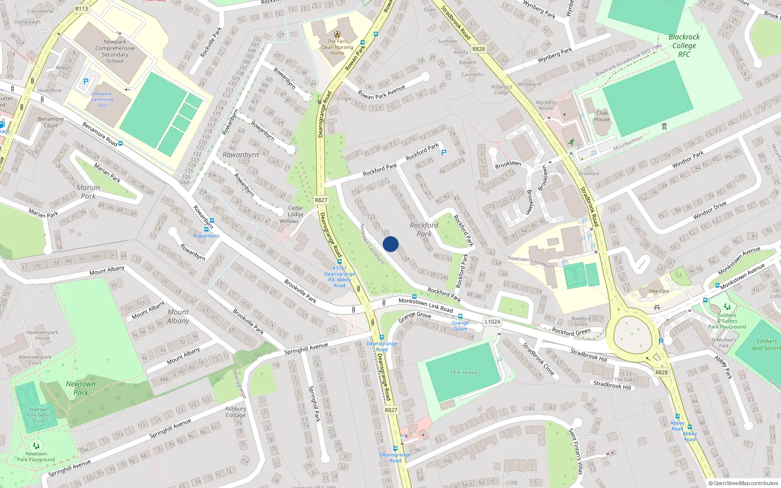 Overhead map showing the location of 130 Rockford Park, Stradbrook, Blackrock