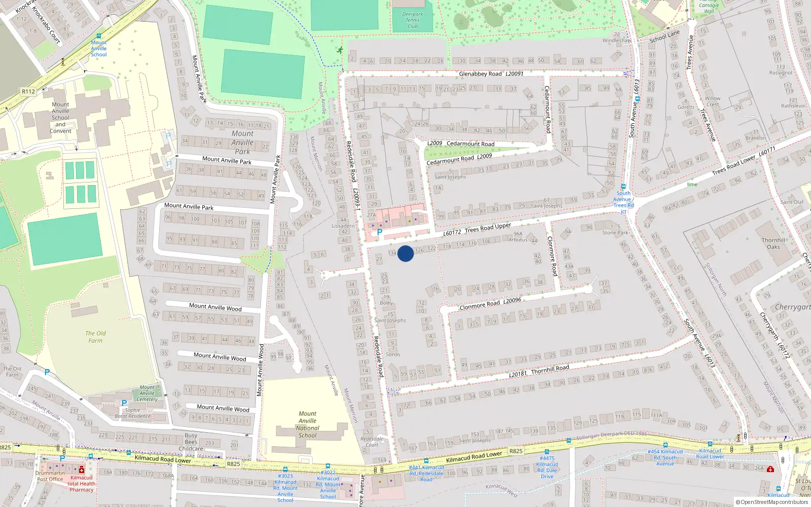 Overhead map showing the location of 130 Trees Road, Mount Merrion, Dublin