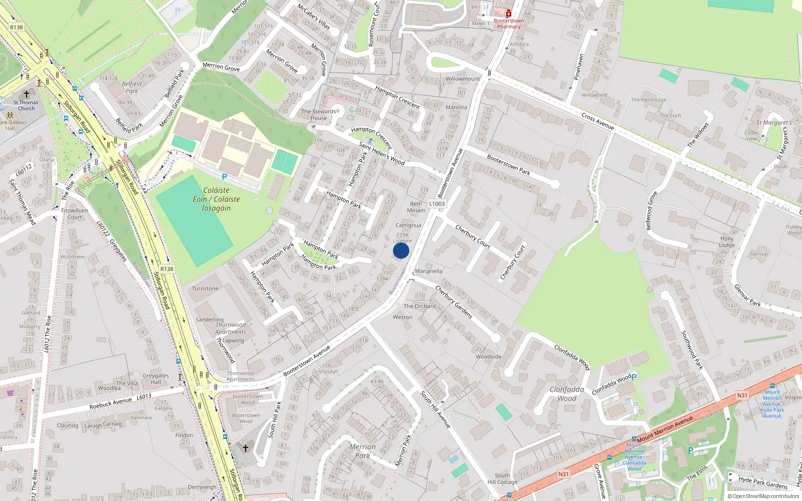 Overhead map showing the location of 131 Booterstown Avenue, Blackrock, Co Dublin
