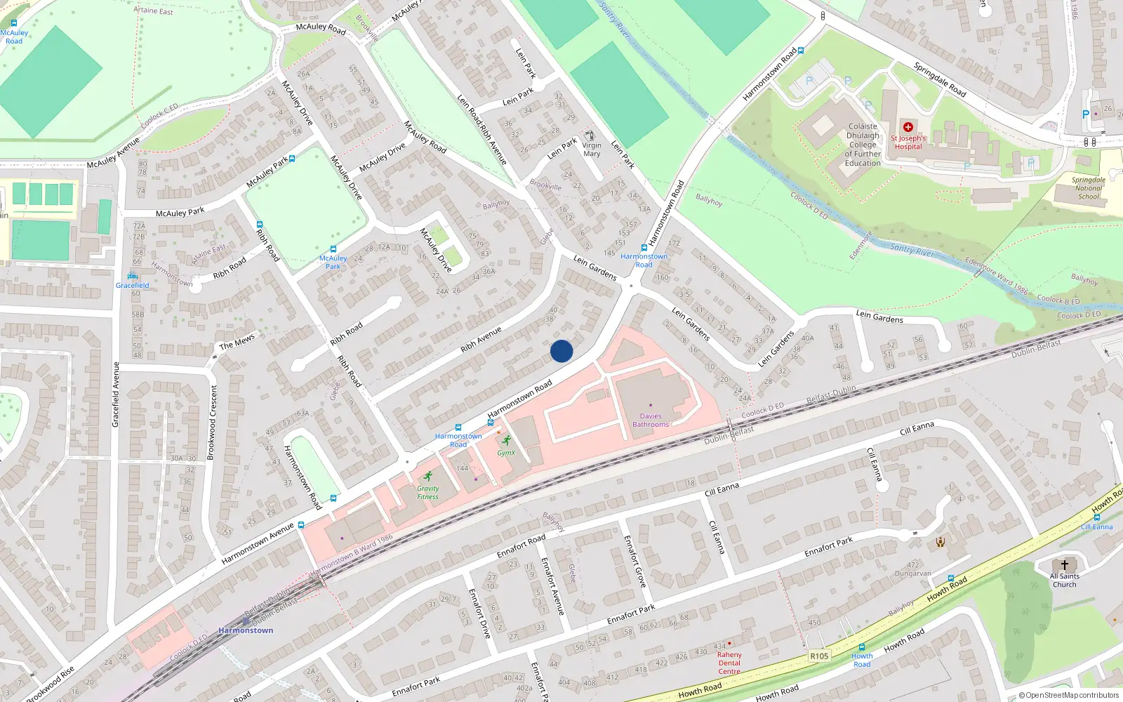 Overhead map showing the location of 131 Harmonstown Road, Artane, Dublin