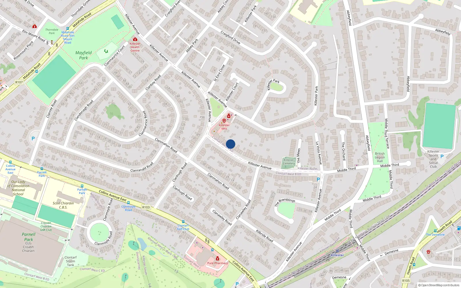 Overhead map showing the location of 131 Killester Avenue, Dublin 5