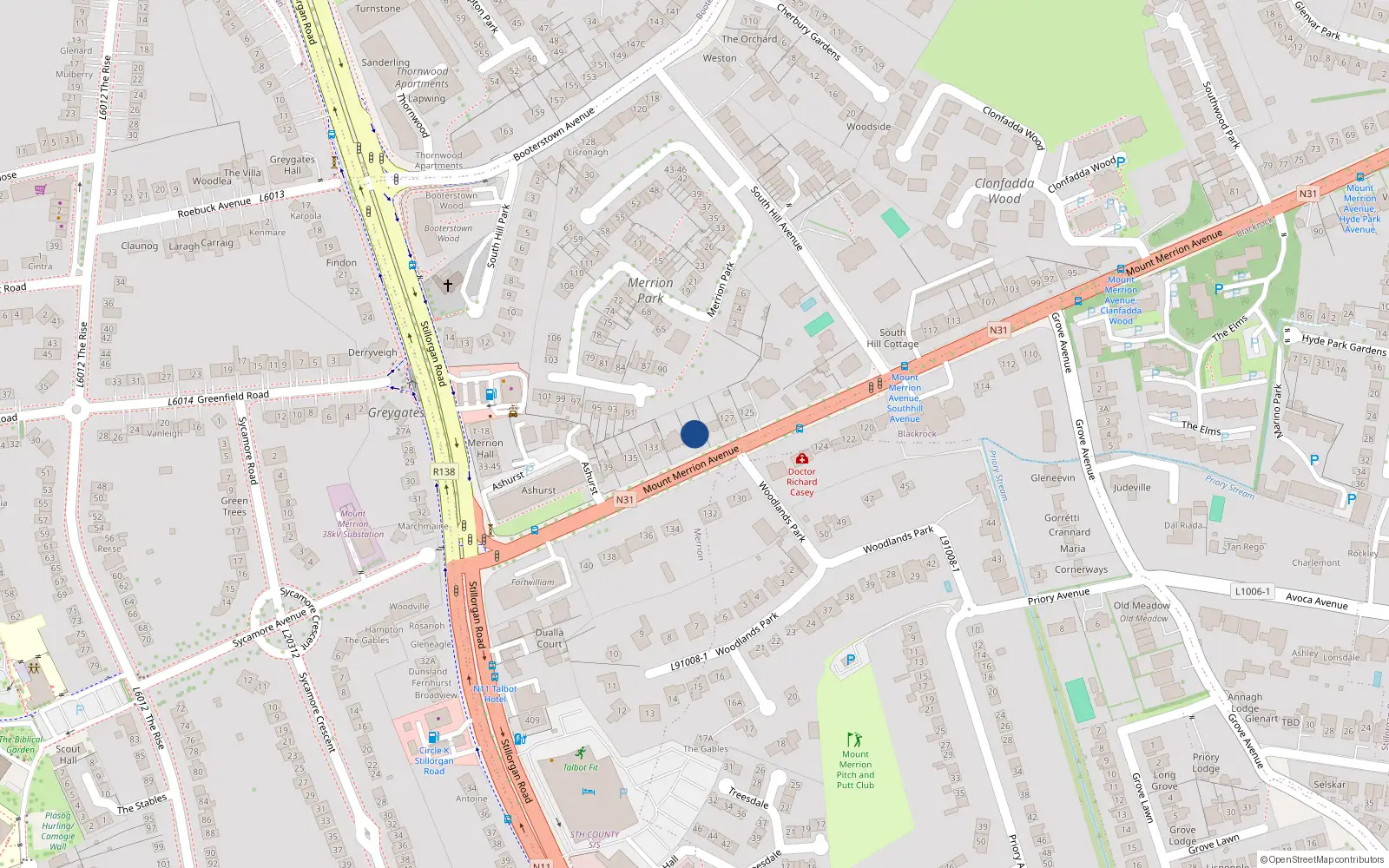 Overhead map showing the location of 131 Mount Merrion Avenue, Blackrock