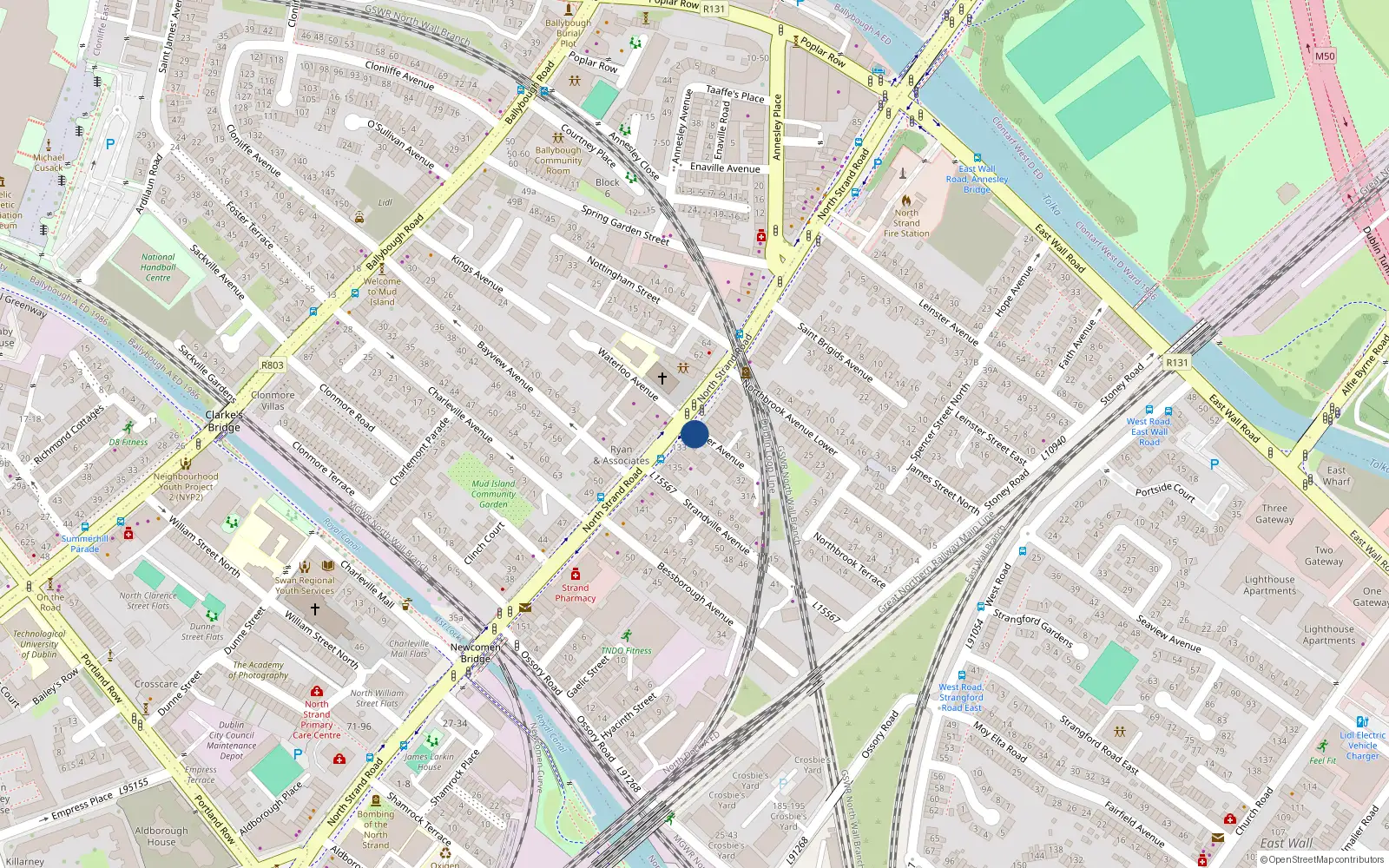 Overhead map showing the location of 131 North Strand Road, North Strand