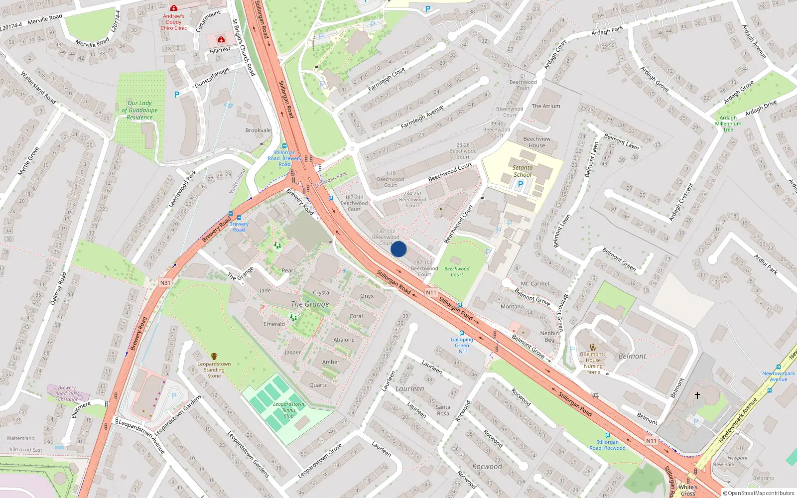 Overhead map showing the location of 132 Beechwood Court, Stillorgan, Dublin