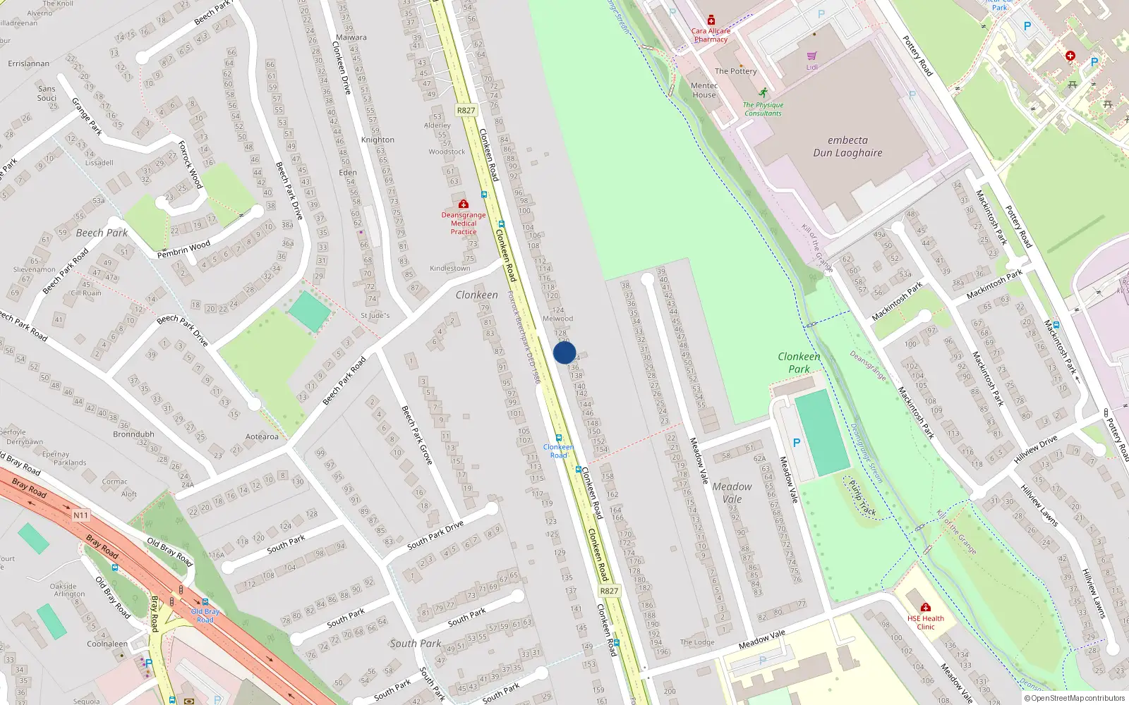 Overhead map showing the location of 132 Clonkeen Road, Blackrock