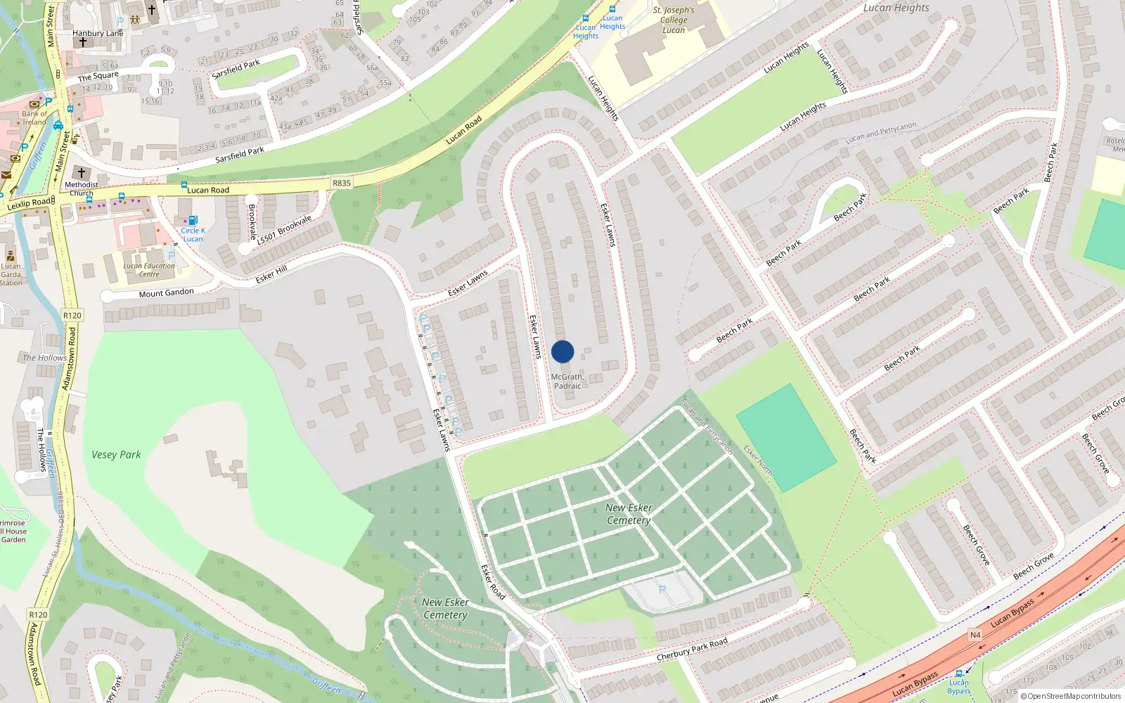 Overhead map showing the location of 132 Esker Lawns, Lucan