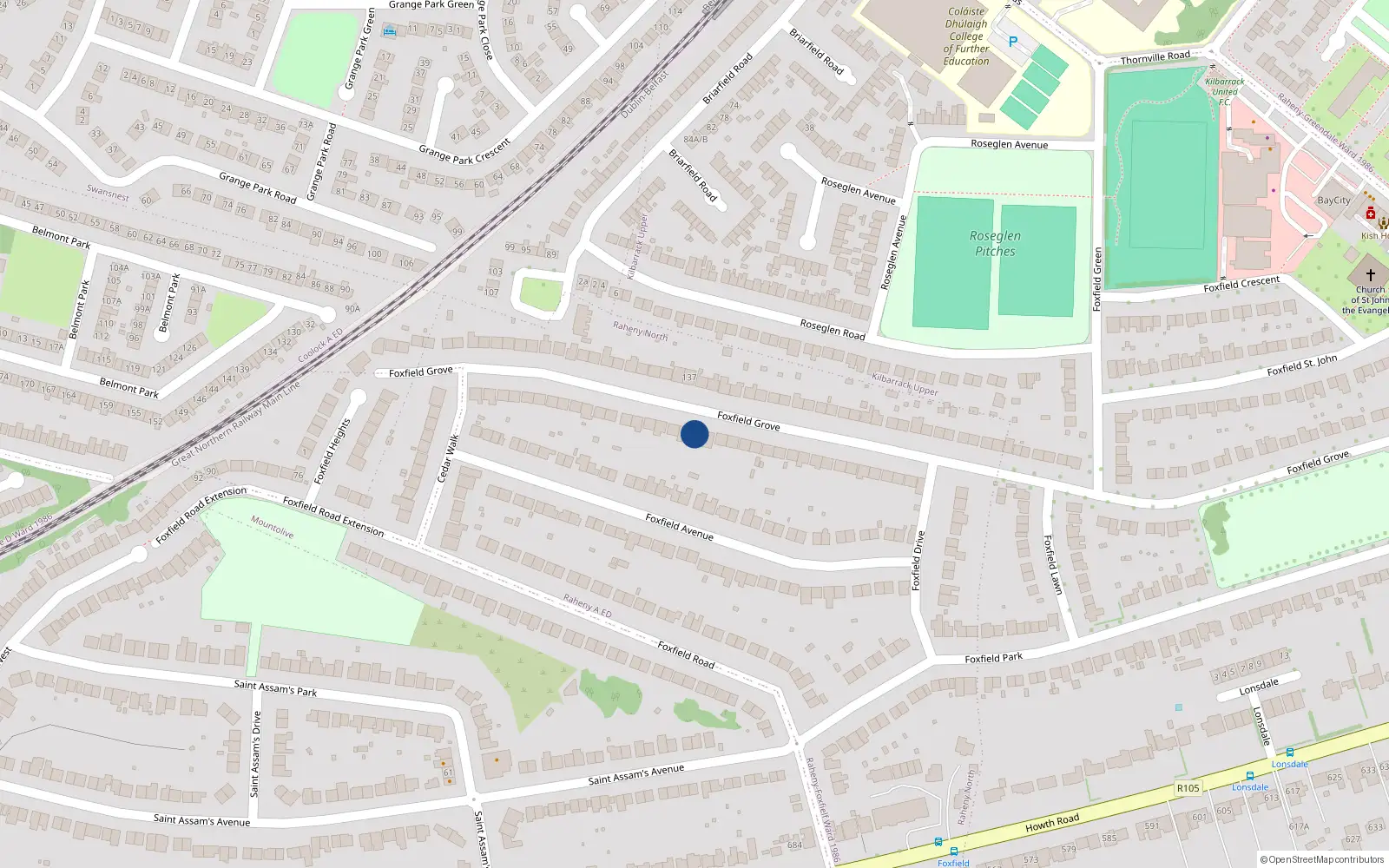 Overhead map showing the location of 132 Foxfield Grove, Dublin 5