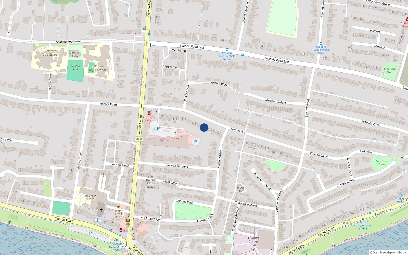 Overhead map showing the location of 132 Kincora Road, Clontarf, Dublin 3
