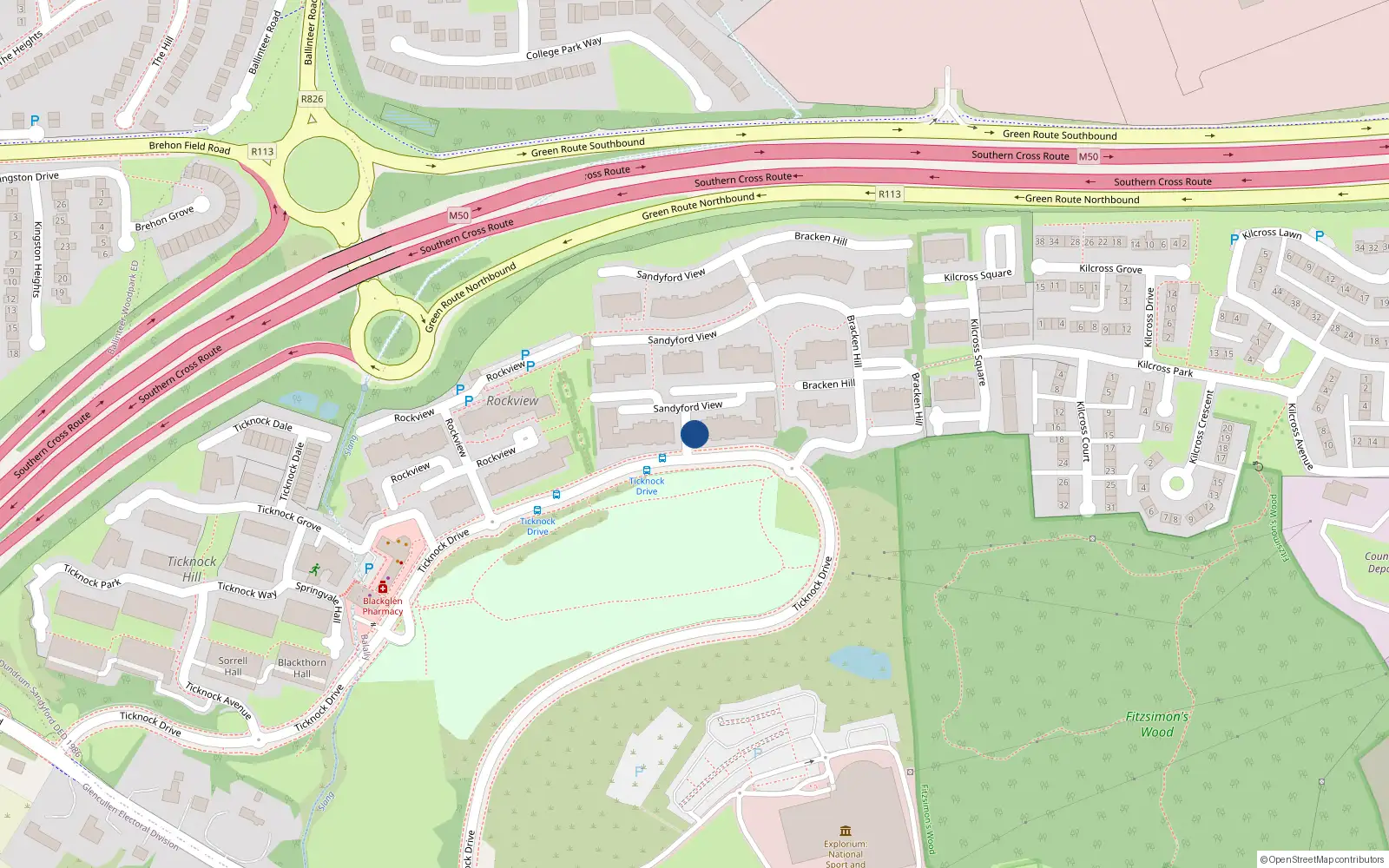Overhead map showing the location of 132 Sandyford View, Dublin