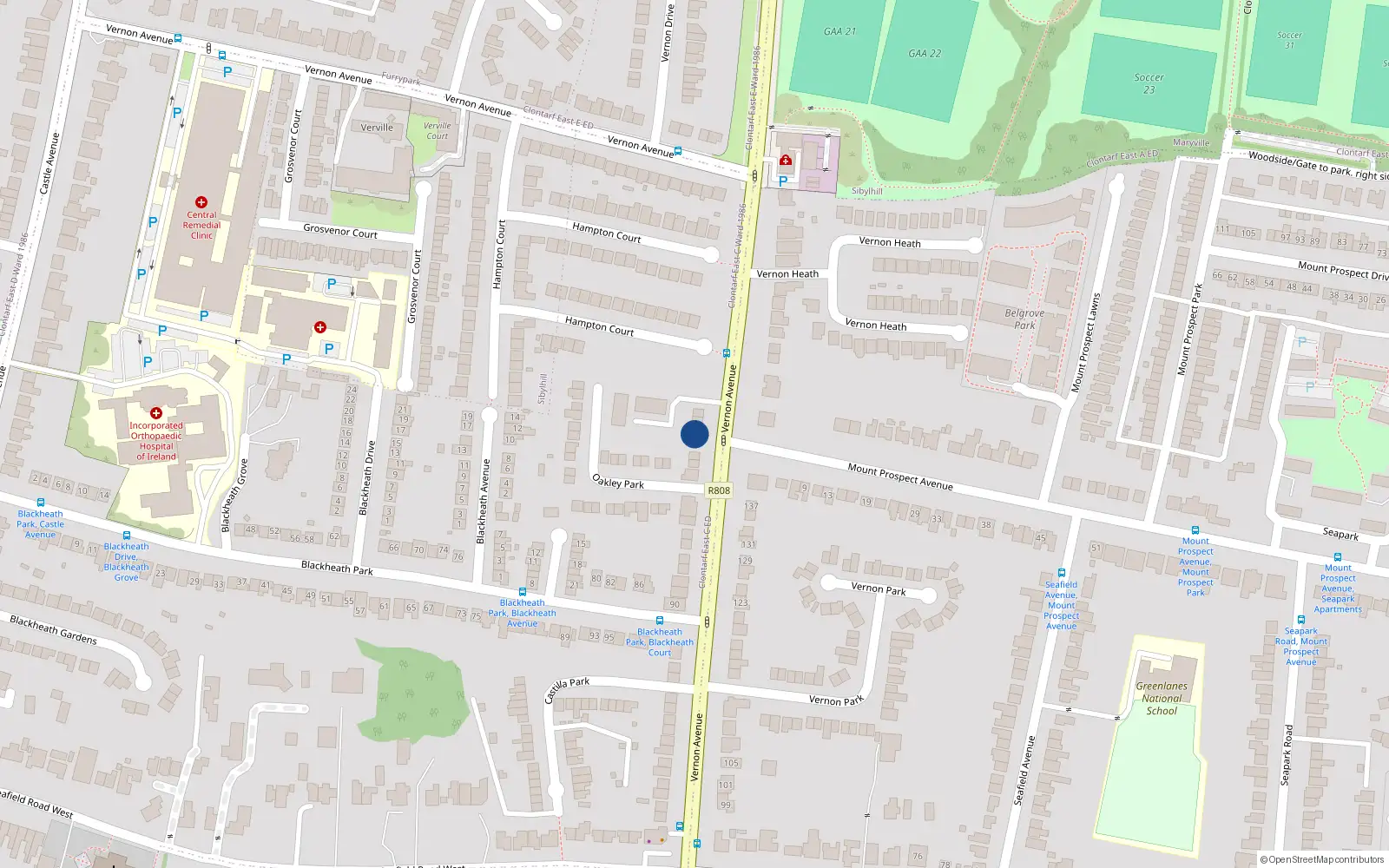 Overhead map showing the location of 132 Vernon Avenue, Clontarf, Dublin 3