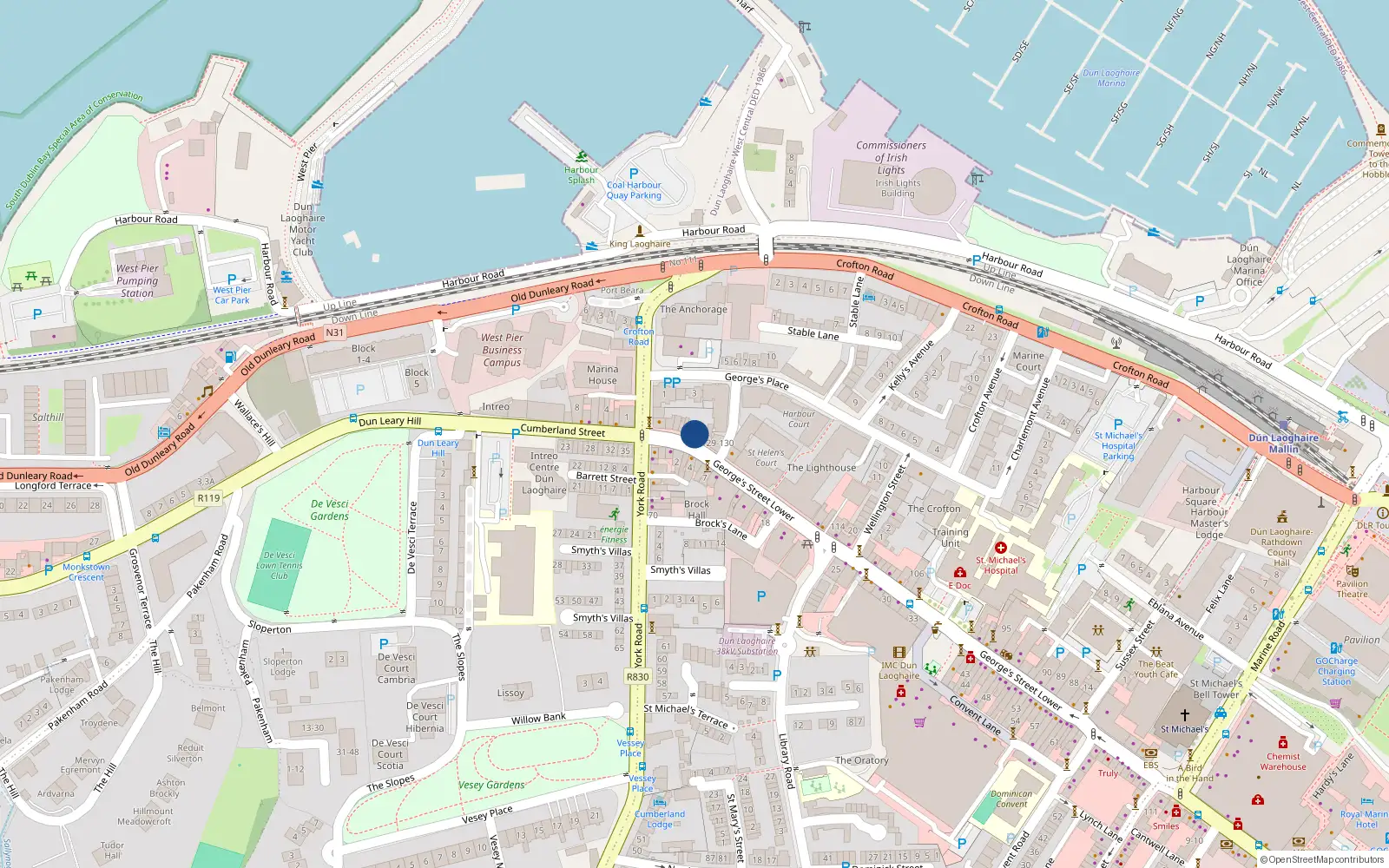 Overhead map showing the location of 133 Lower Georges St, Dun Laoghaire, Dublin