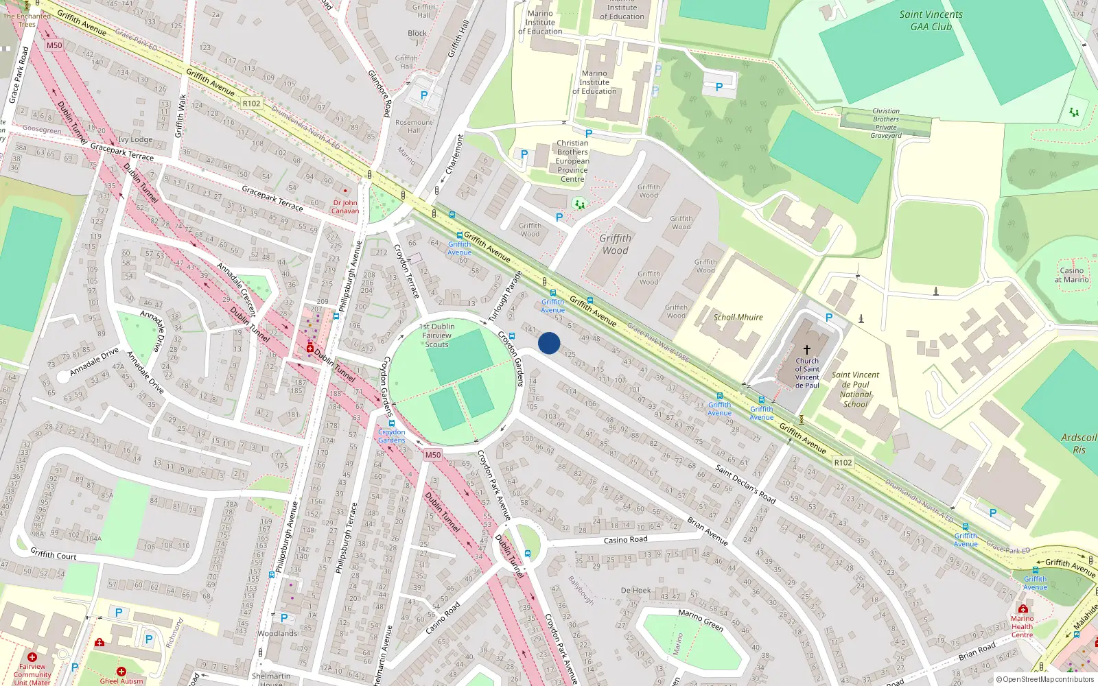 Overhead map showing the location of 133 St Declans Road, Marino, Dublin 3