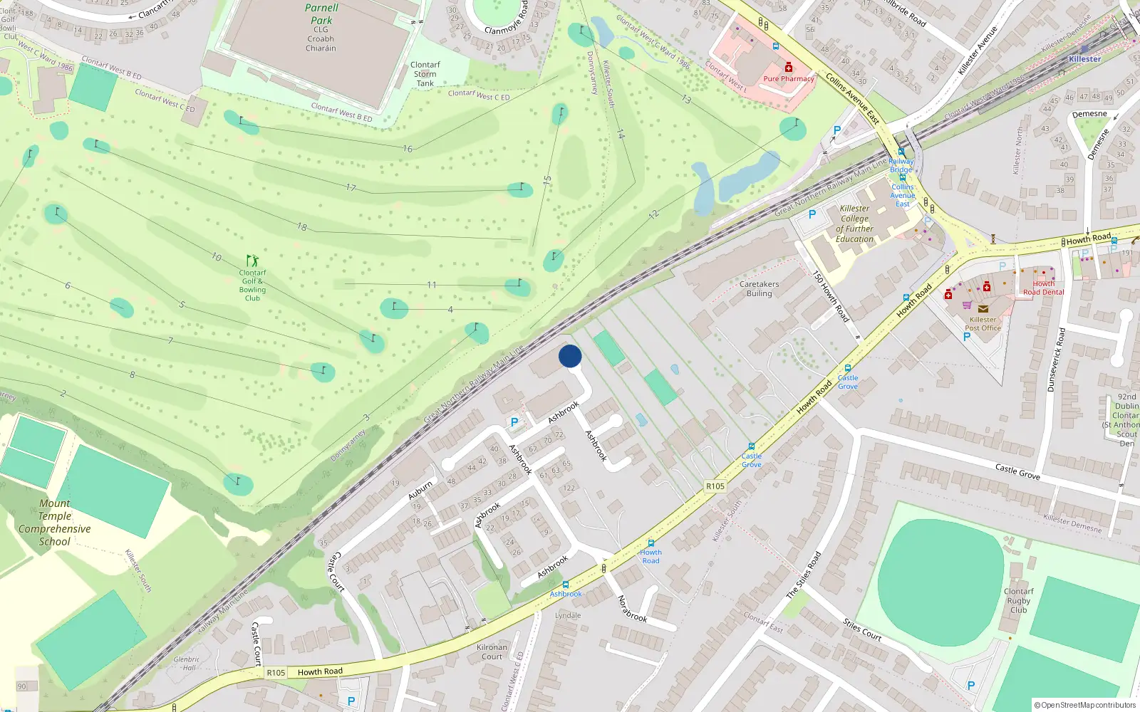Overhead map showing the location of 134 Ashbrook, Clontarf Dublin 3