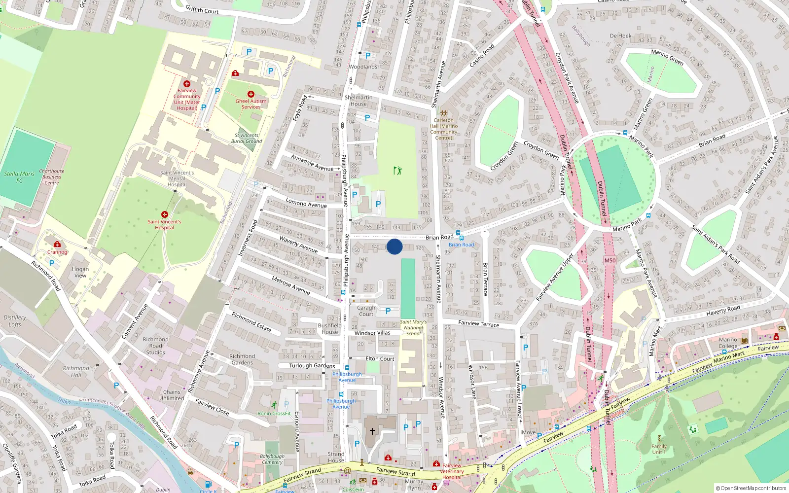 Overhead map showing the location of 134 Brian Road, Marino, Dublin 3