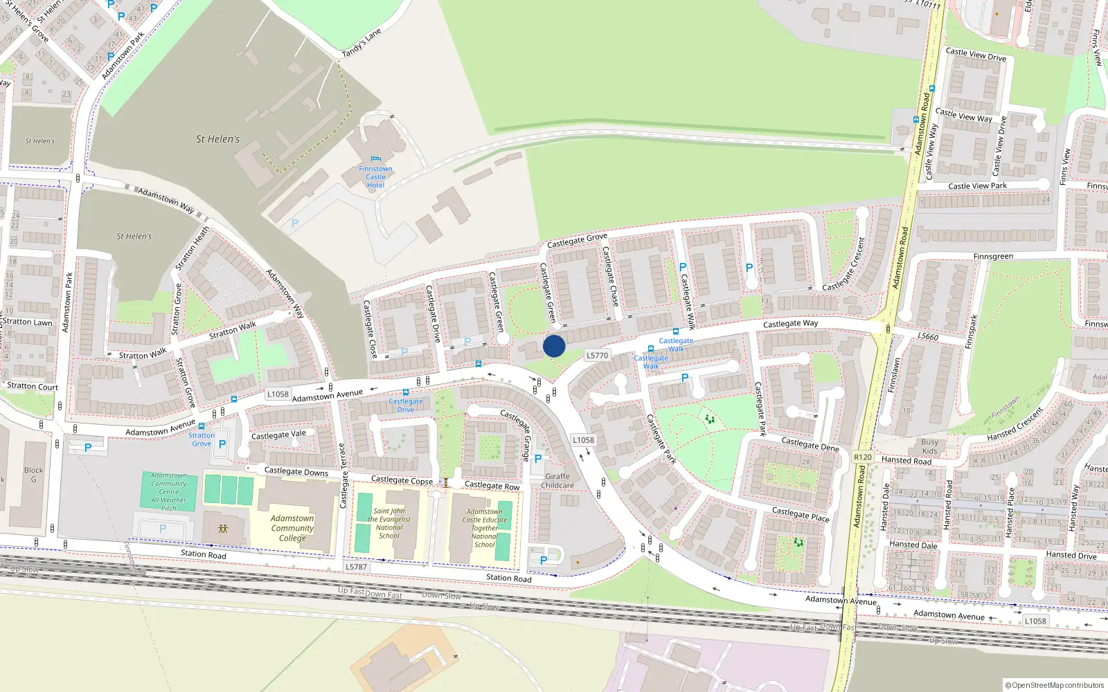 Overhead map showing the location of 134 Castlegate Way, Adamstown, Lucan