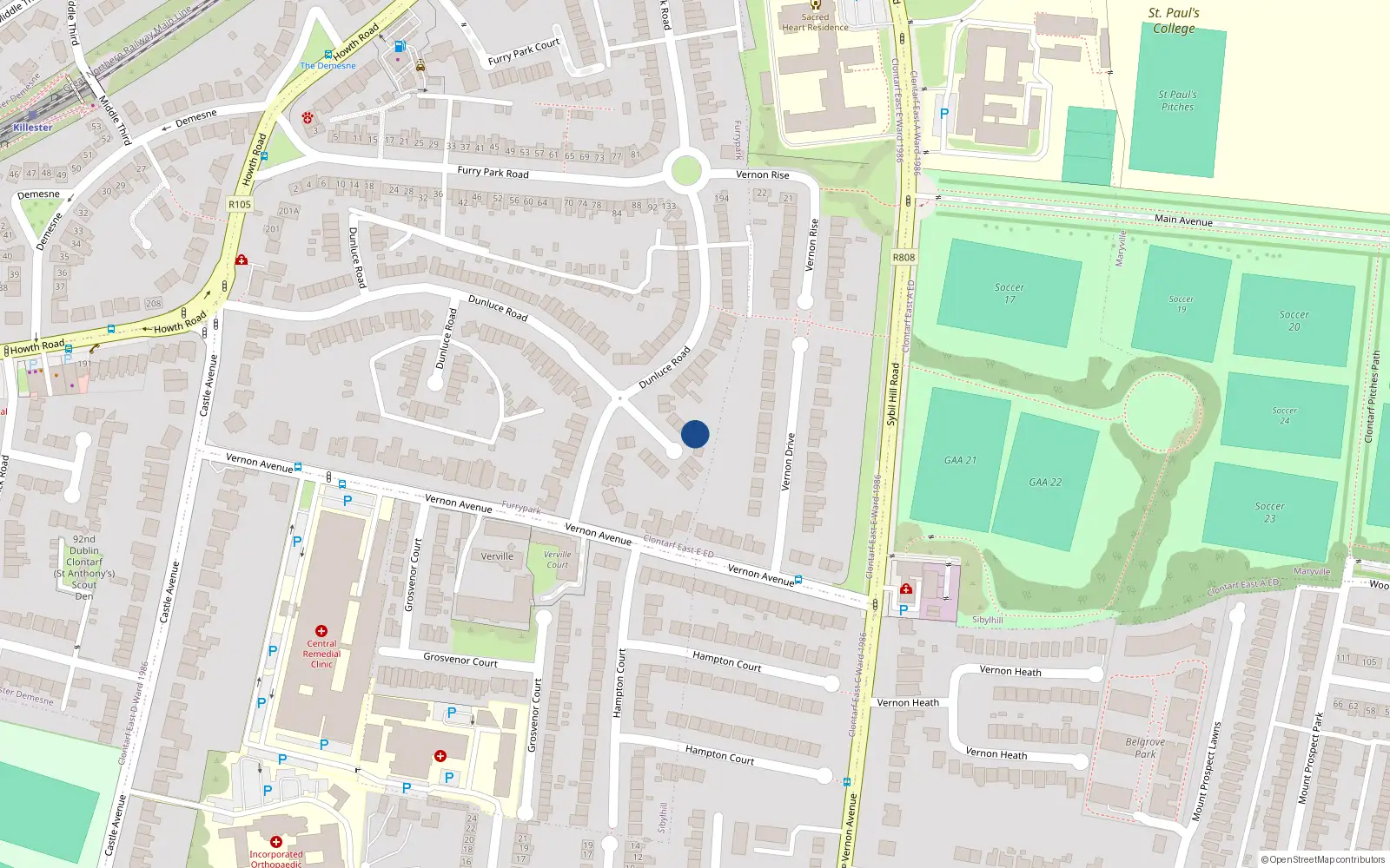 Overhead map showing the location of 134 Dunluce Road, Dublin 3