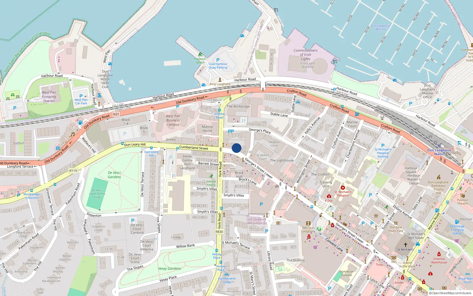 Overhead map showing the location of 134 Georges St Lower, Dun Laoghaire, Dublin