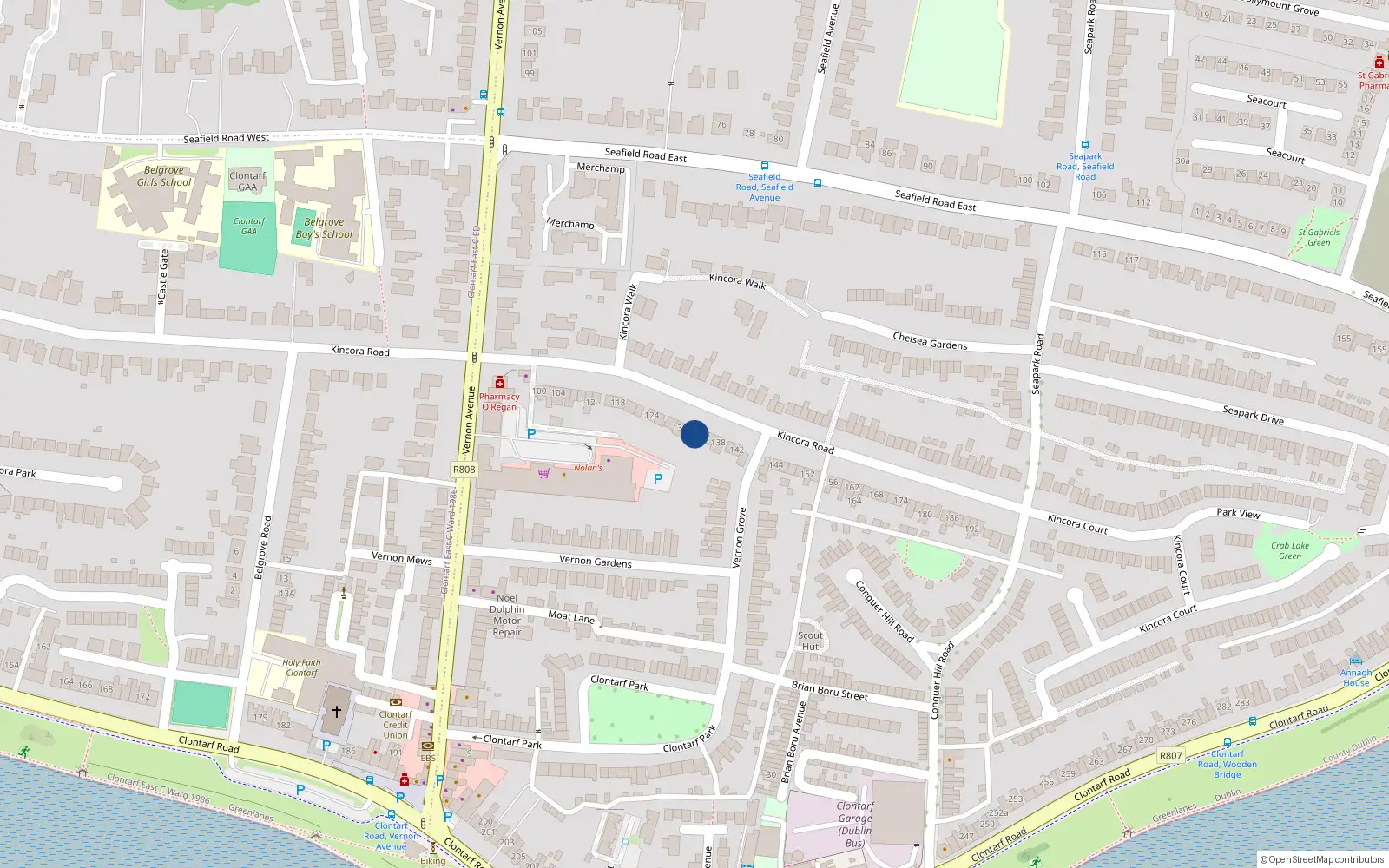 Overhead map showing the location of 134 Kincora Road, Clontarf, Dublin 3