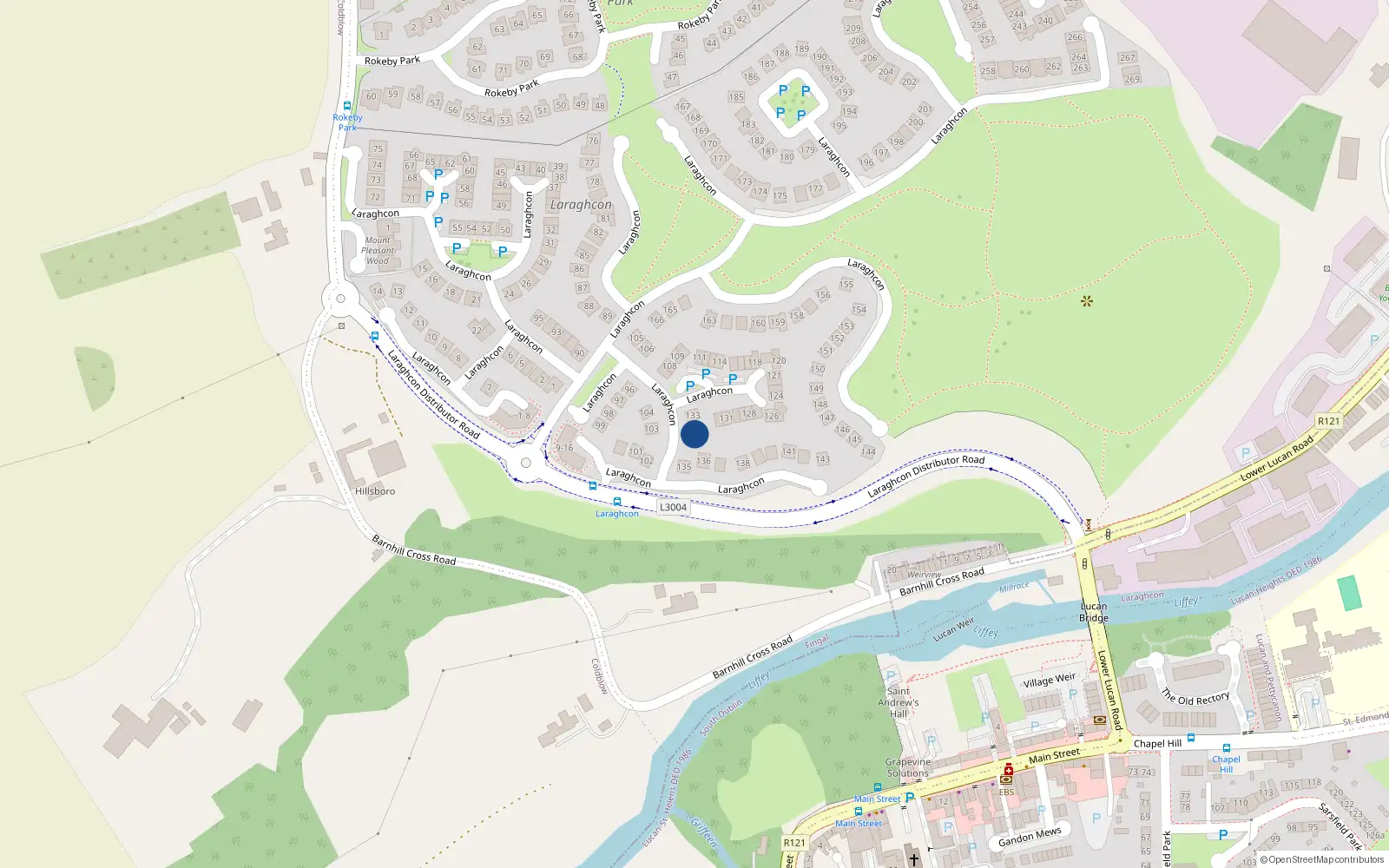 Overhead map showing the location of 134 Laraghcon, Lucan Village, Lucan