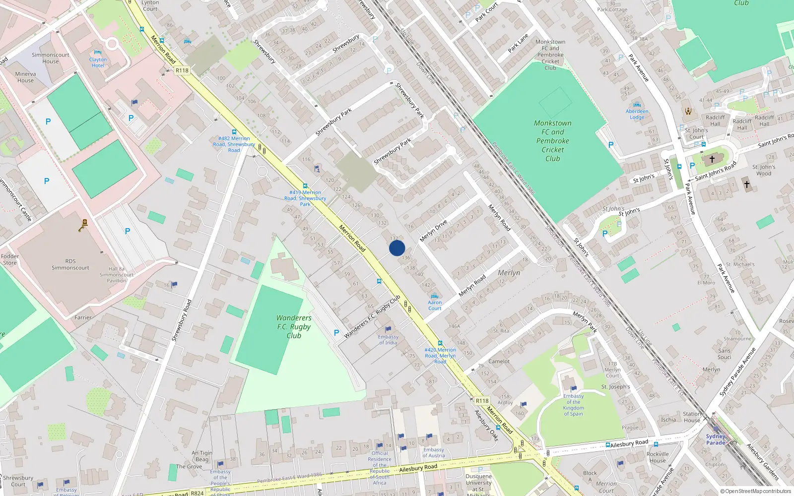 Overhead map showing the location of 134 Merrion Road, Ballsbridge