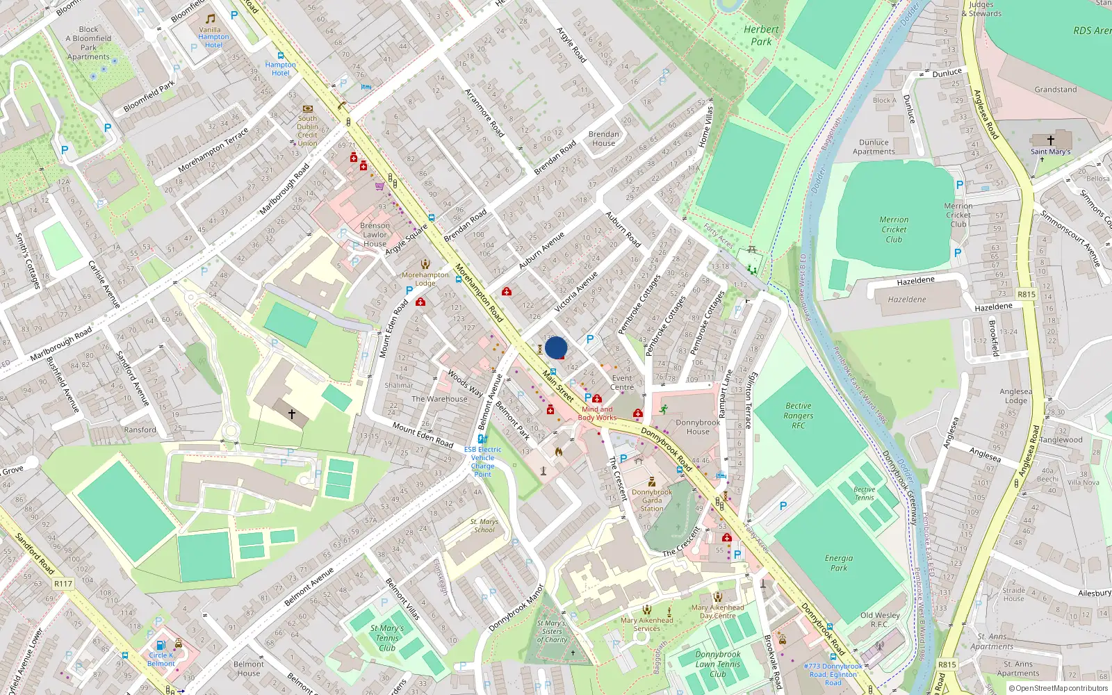 Overhead map showing the location of 134 Morehampton Road, Dublin 4