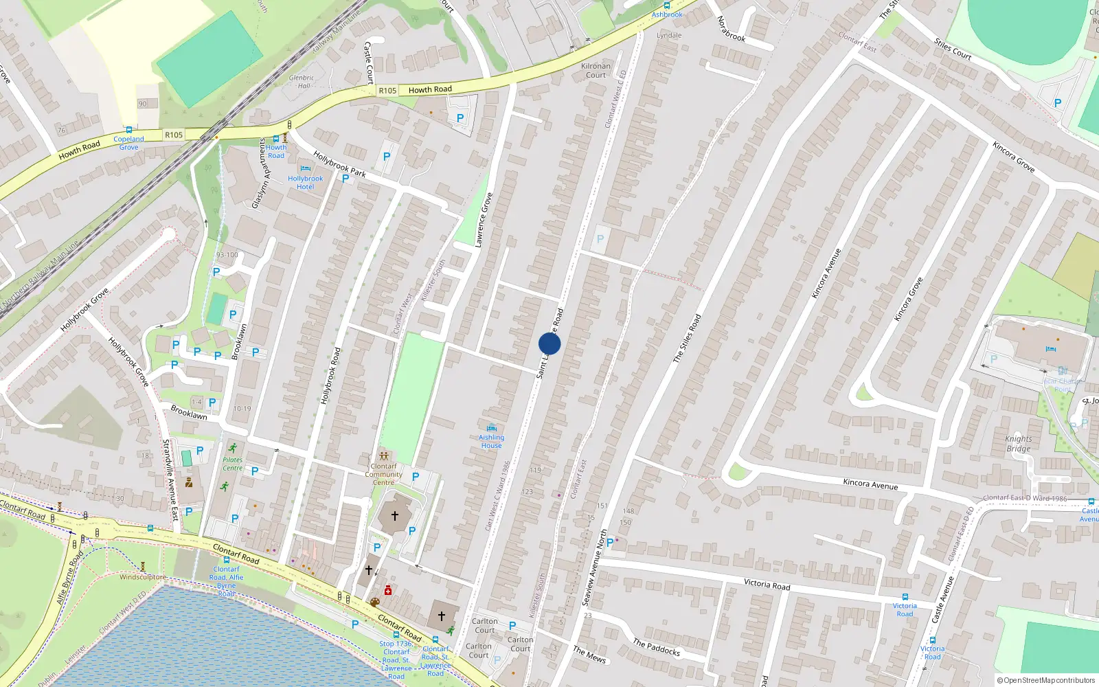Overhead map showing the location of 134 St Lawrence Road, Clontarf