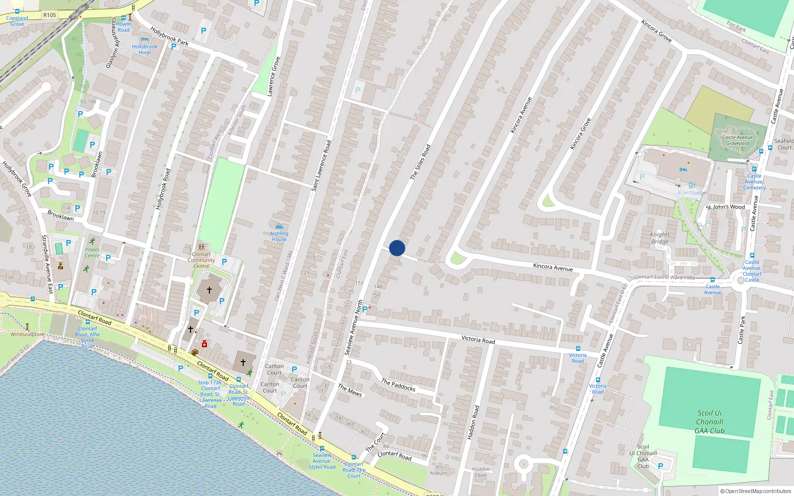 Overhead map showing the location of 134 the Stiles Road, Clontarf, Dublin 3