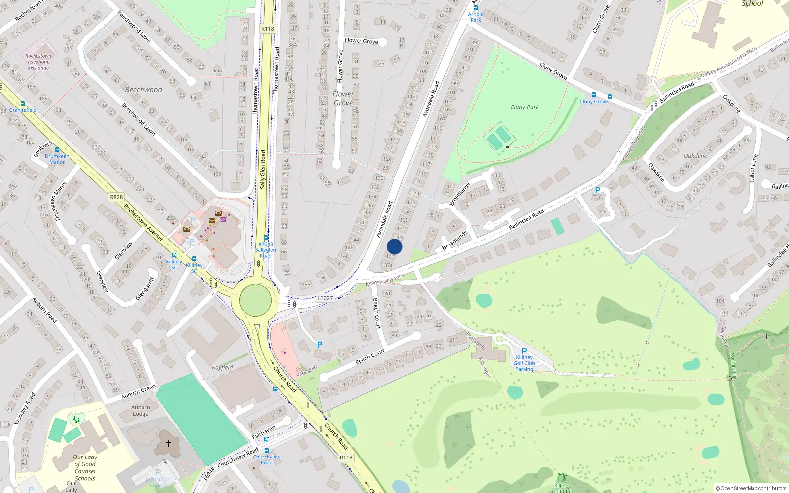 Overhead map showing the location of 135 Avondale Road, Killiney, Dublin