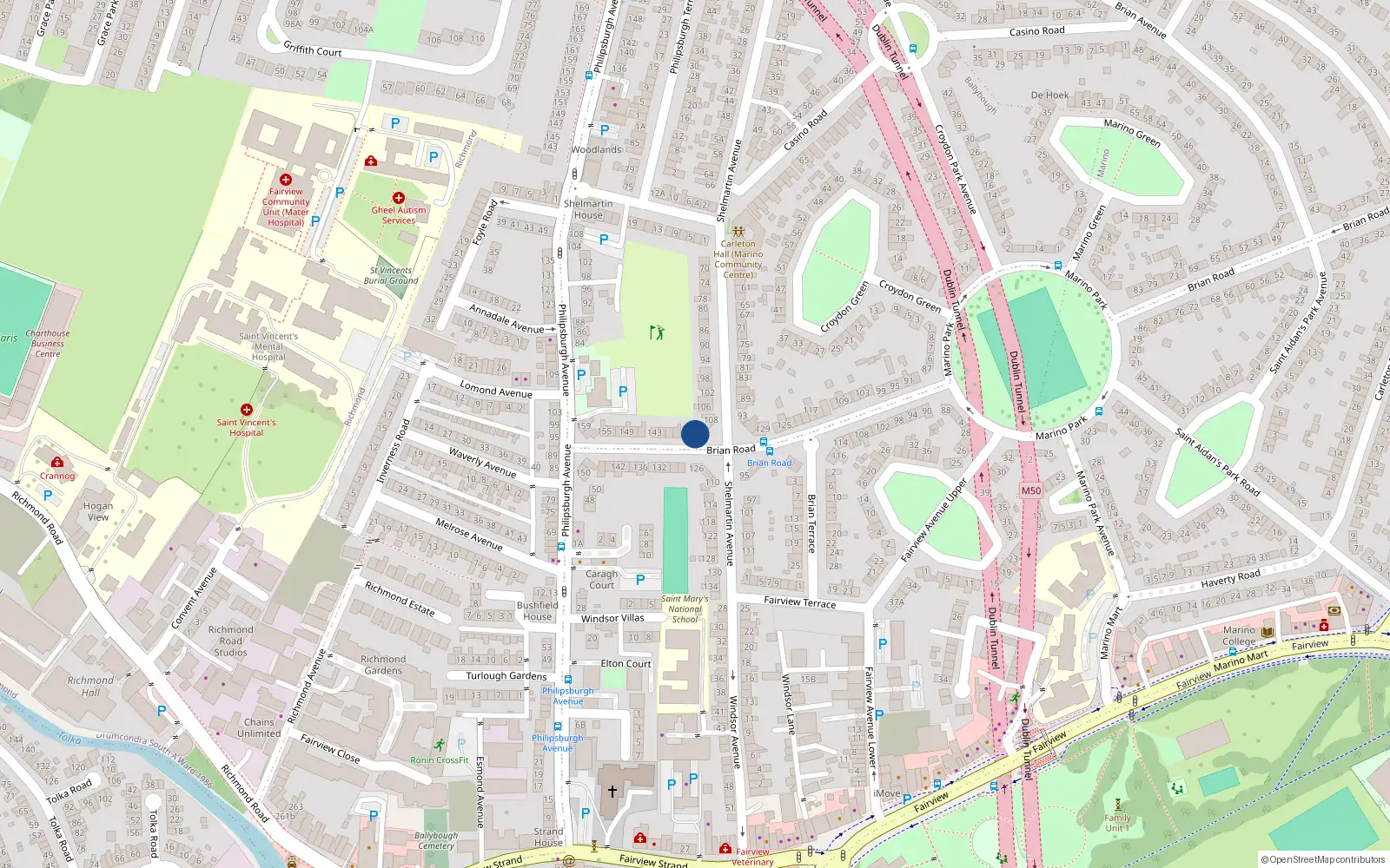 Overhead map showing the location of 135 Brian Road, Marino, Dublin 3