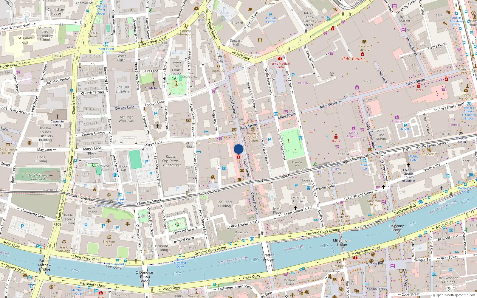 Overhead map showing the location of 135 Capel St, Dublin 1