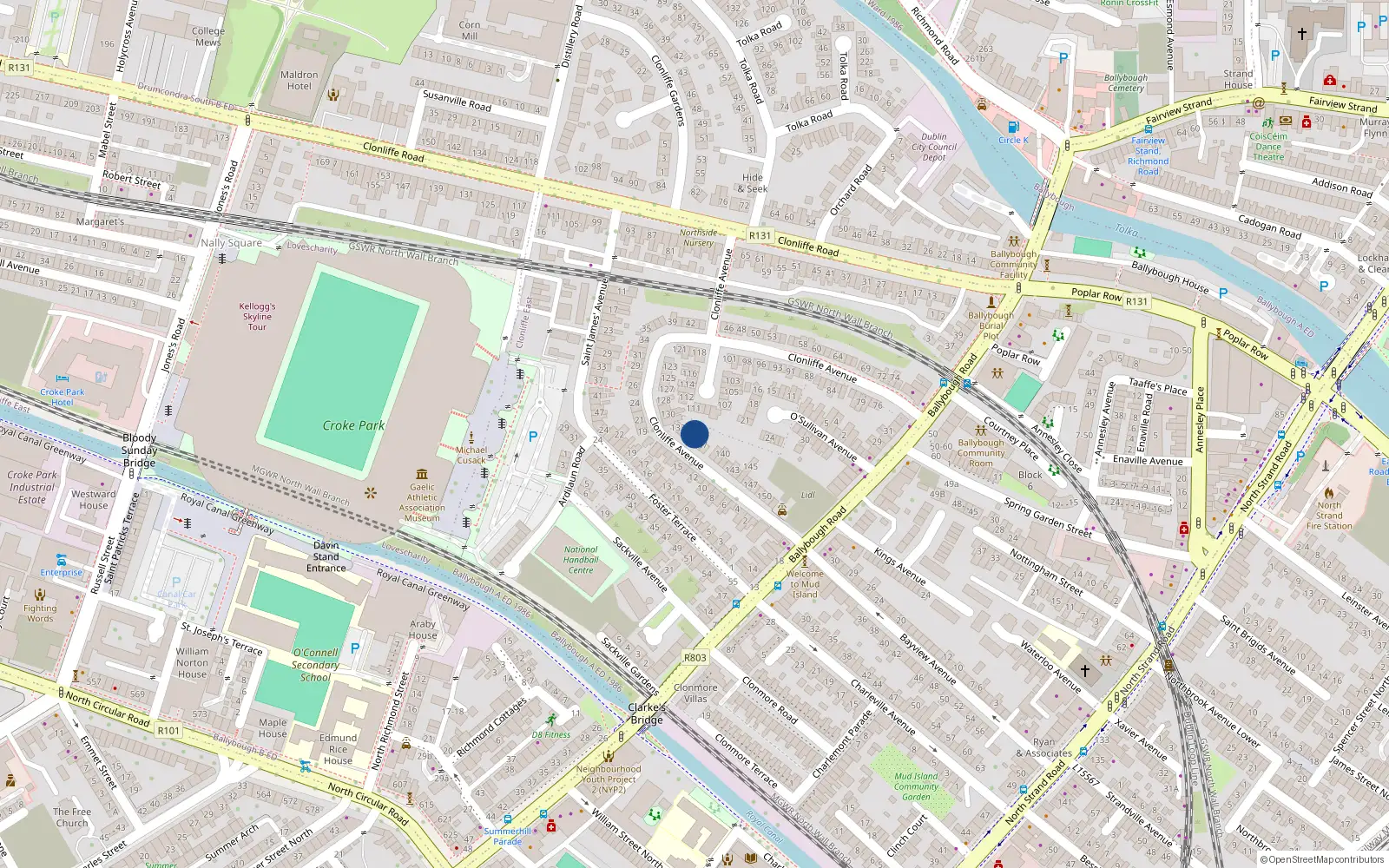 Overhead map showing the location of 135 Clonliffe Avenue, Dublin 3