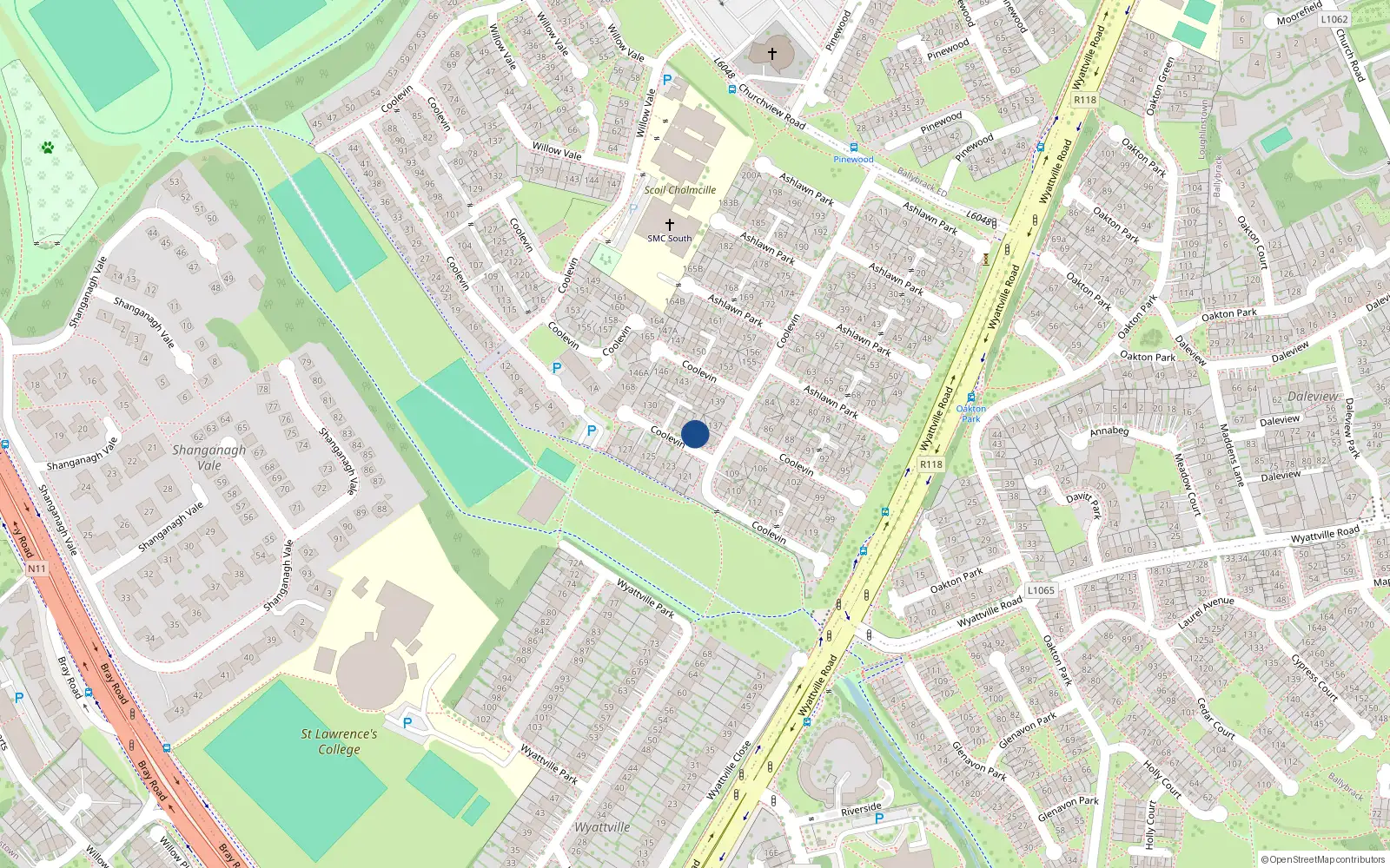 Overhead map showing the location of 136 Ashlawn Park, Ballybrack