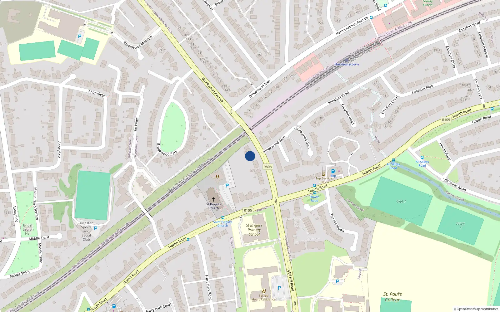 Overhead map showing the location of 136 Brookwood Avenue, Howth Road, Dublin 5