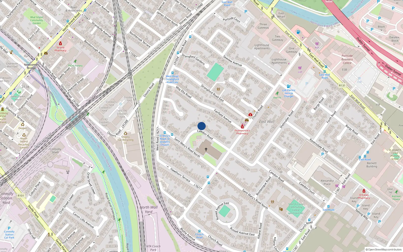 Overhead map showing the location of 136 Caledon Road, East Wall, Dublin 3