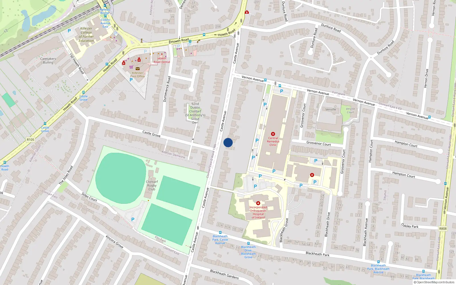 Overhead map showing the location of 136 Castle Avenue, Clontarf, Dublin 3