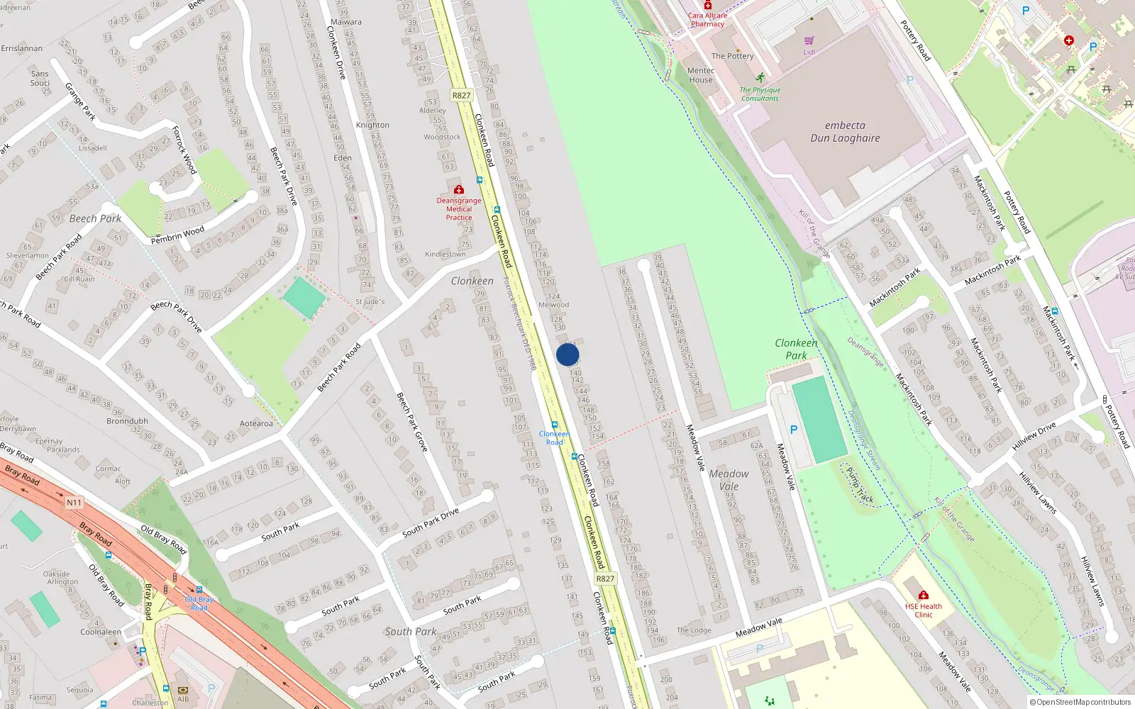 Overhead map showing the location of 136 Clonkeen Road, Blackrock