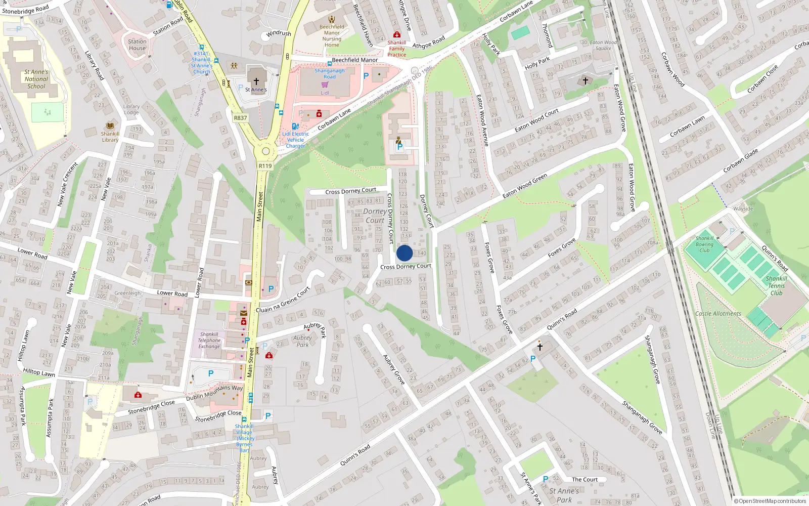 Overhead map showing the location of 136 Dorney Court, Shankill