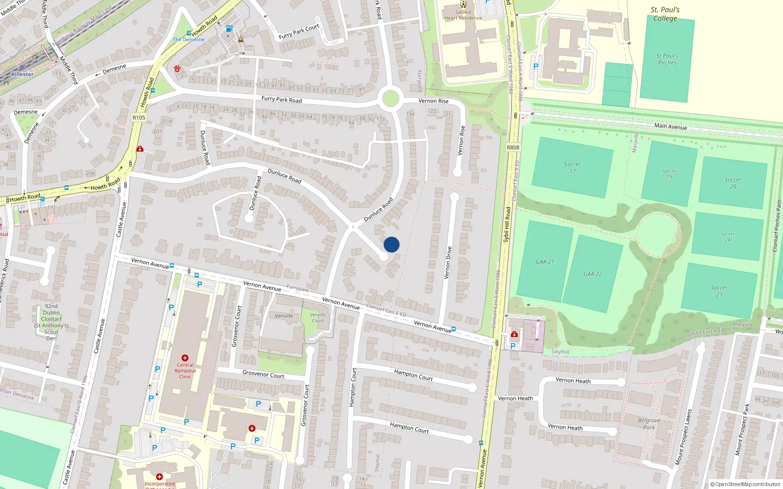 Overhead map showing the location of 136 Dunluce Road, Dublin 3