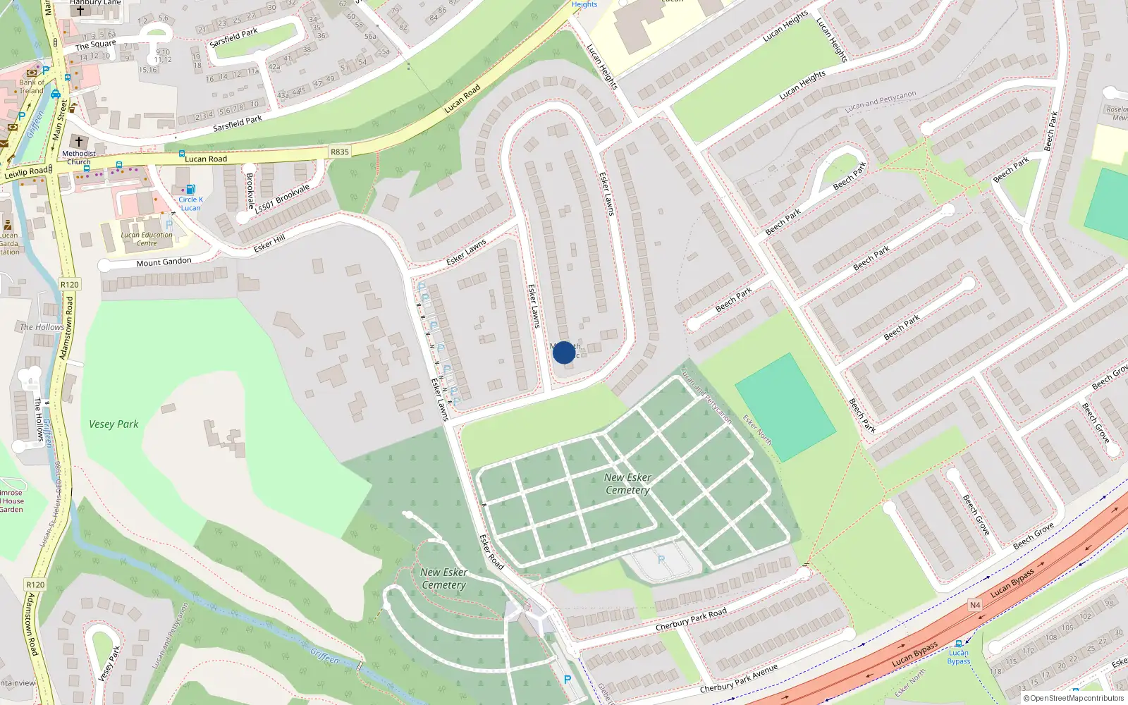 Overhead map showing the location of 136 Esker Lawns, Lucan, Dublin