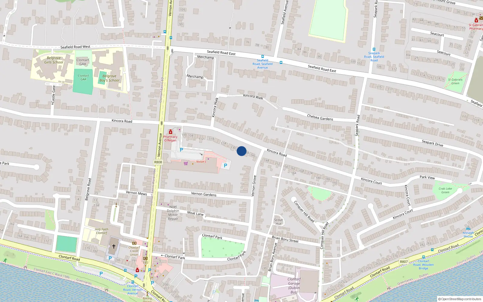 Overhead map showing the location of 136 Kincora Road, Dublin 3