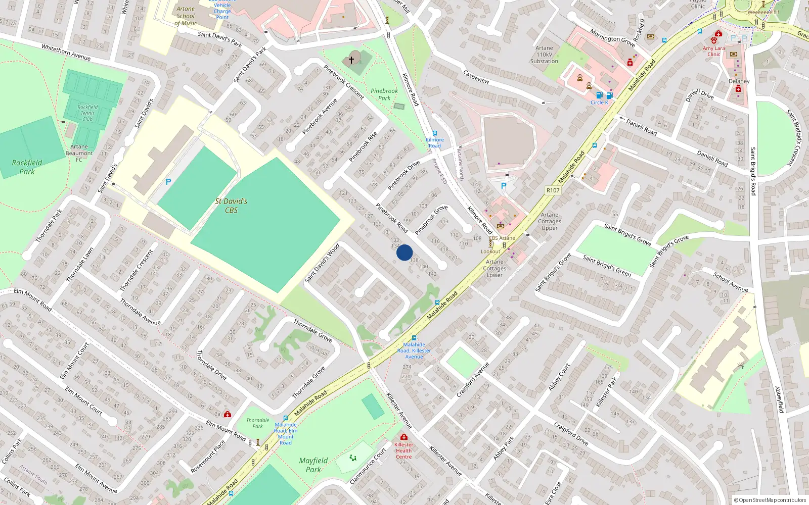 Overhead map showing the location of 136 Pinebrook Road, Dublin 5