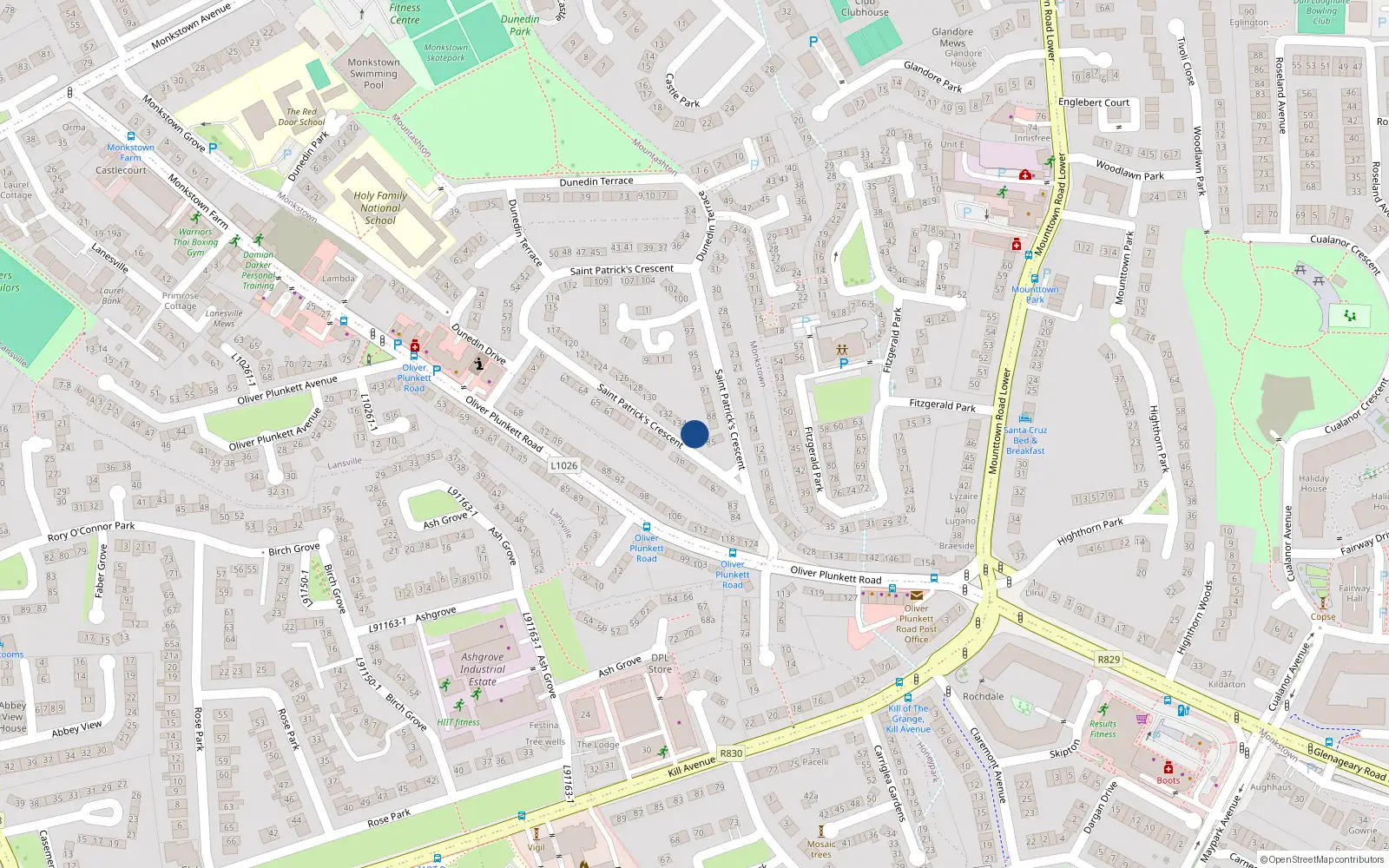 Overhead map showing the location of 136 St Patrick Crescent, Monkstown Farm, Dunlaoire