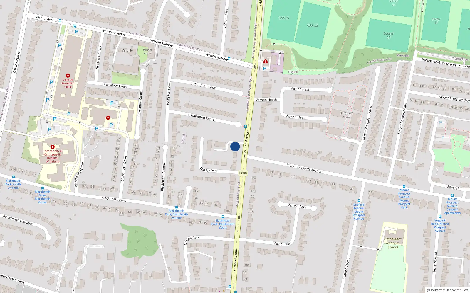 Overhead map showing the location of 136 Vernon Avenue, Clontarf, Dublin 3