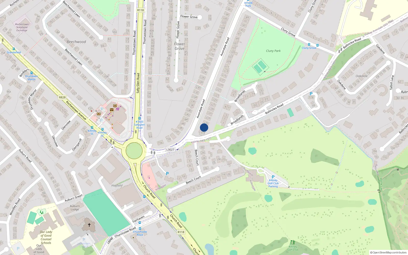 Overhead map showing the location of 137 Avondale Road, Killiney